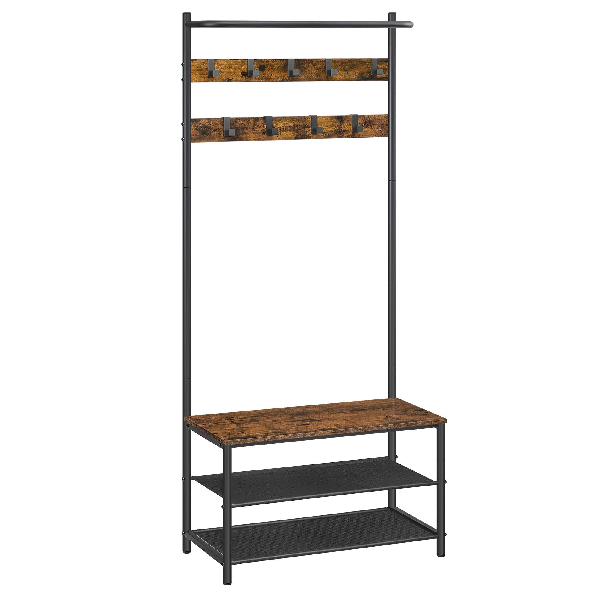 VASAGLE Hall Tree with Bench and Shoe Storage, Entryway Bench with Coat Rack Stand and Shoe Rack, 9 Movable Hooks, Top Bar, Fabr