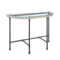 Benjara End Wood Side Table, Oval Tempered Top, Metal Pipe Style Legs, Clear Glass, Sandy Gray
