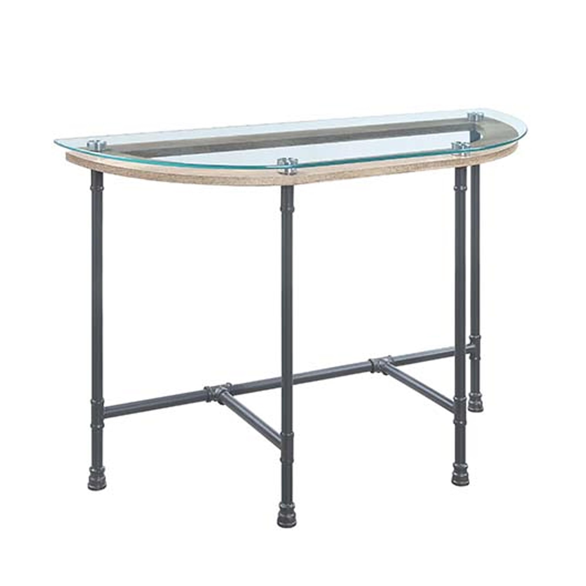 Benjara End Wood Side Table, Oval Tempered Top, Metal Pipe Style Legs, Clear Glass, Sandy Gray