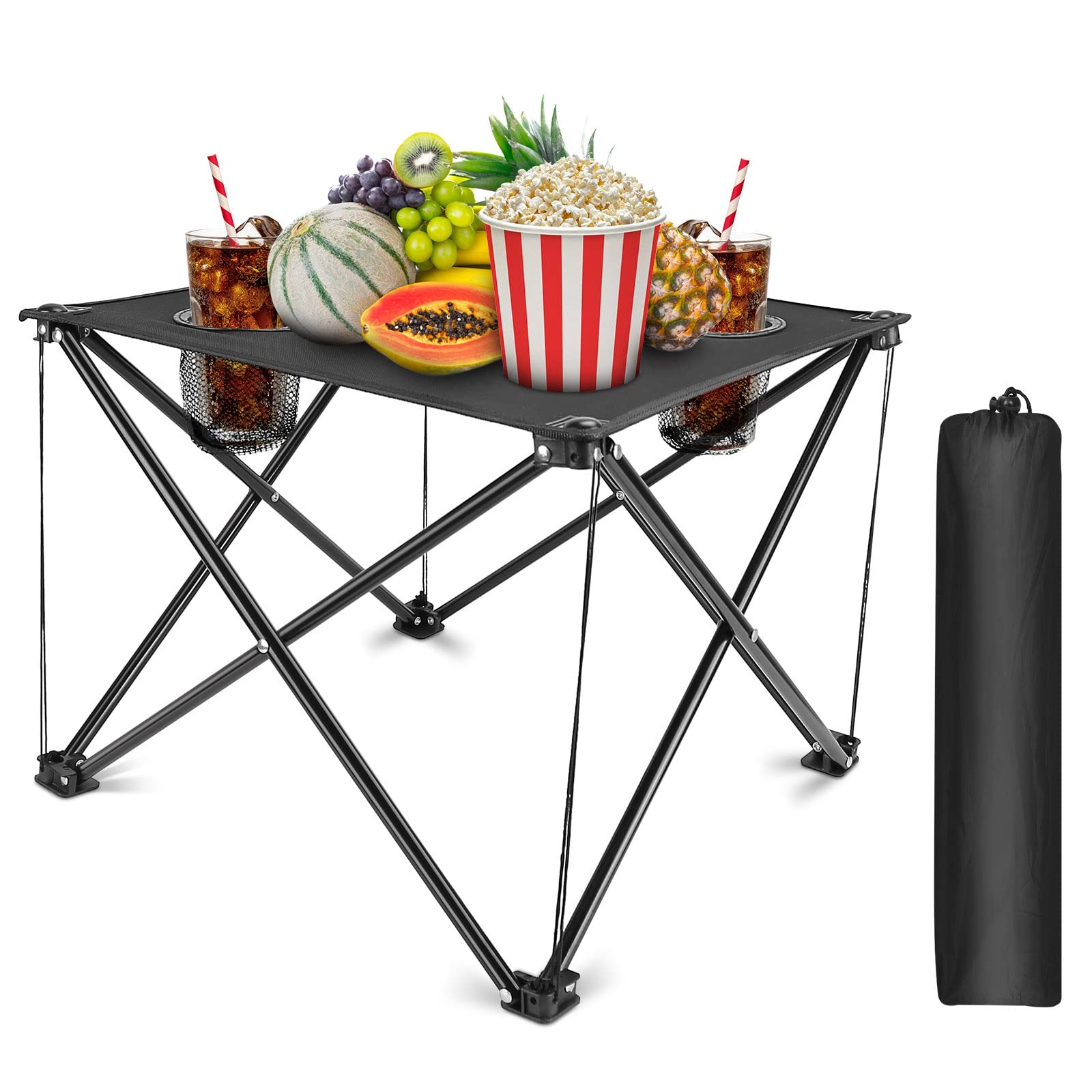 KOCASO Portable Folding Camping Table with Cup Holders,Small Compact Beach Camp Table with Carrying Bags, Lightweight Travel Des