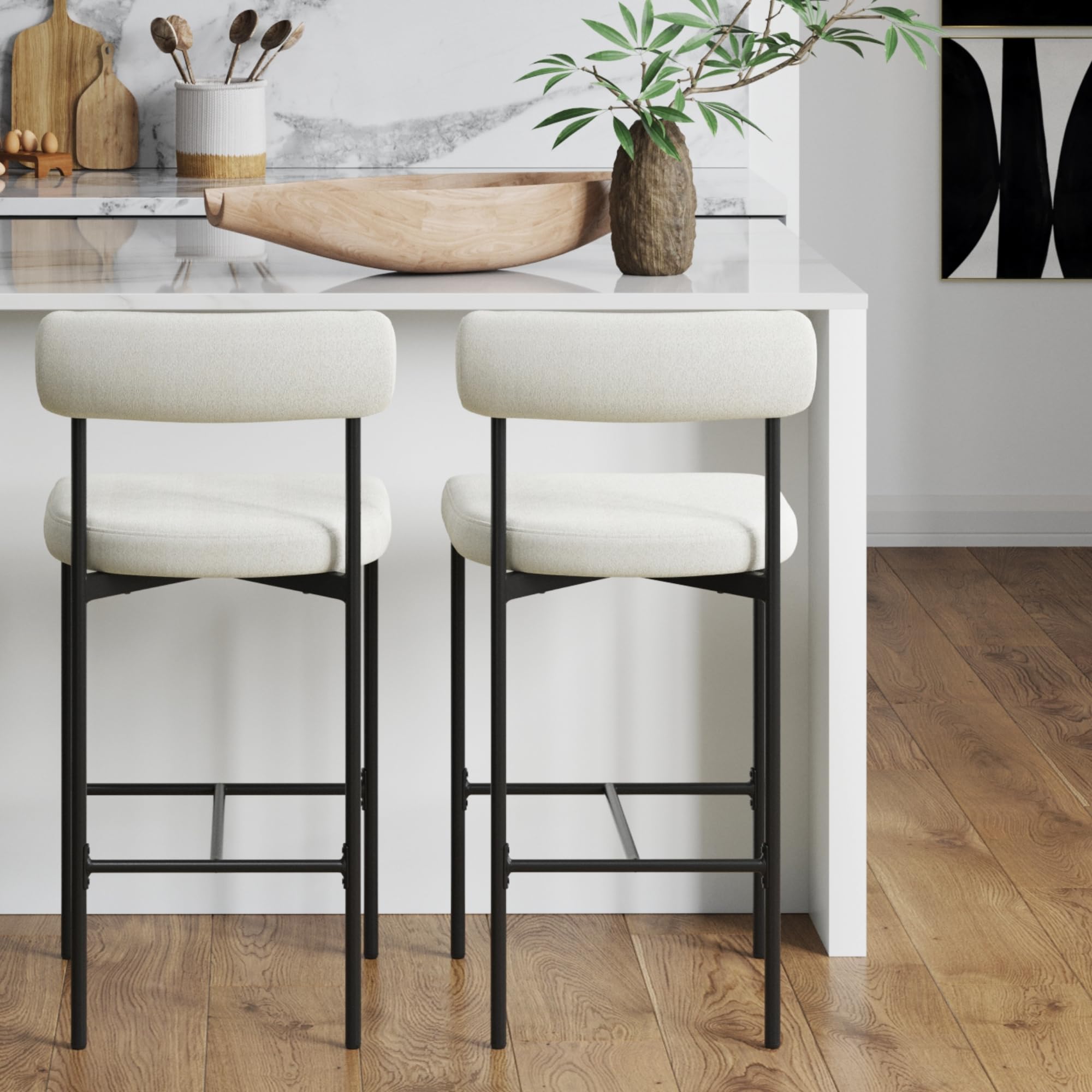 Nathan James Dahlia Counter Height Chair, Boucle Upholstered Modern Barstool with Back, Mid-Century Metal Legs and Padded Cushio