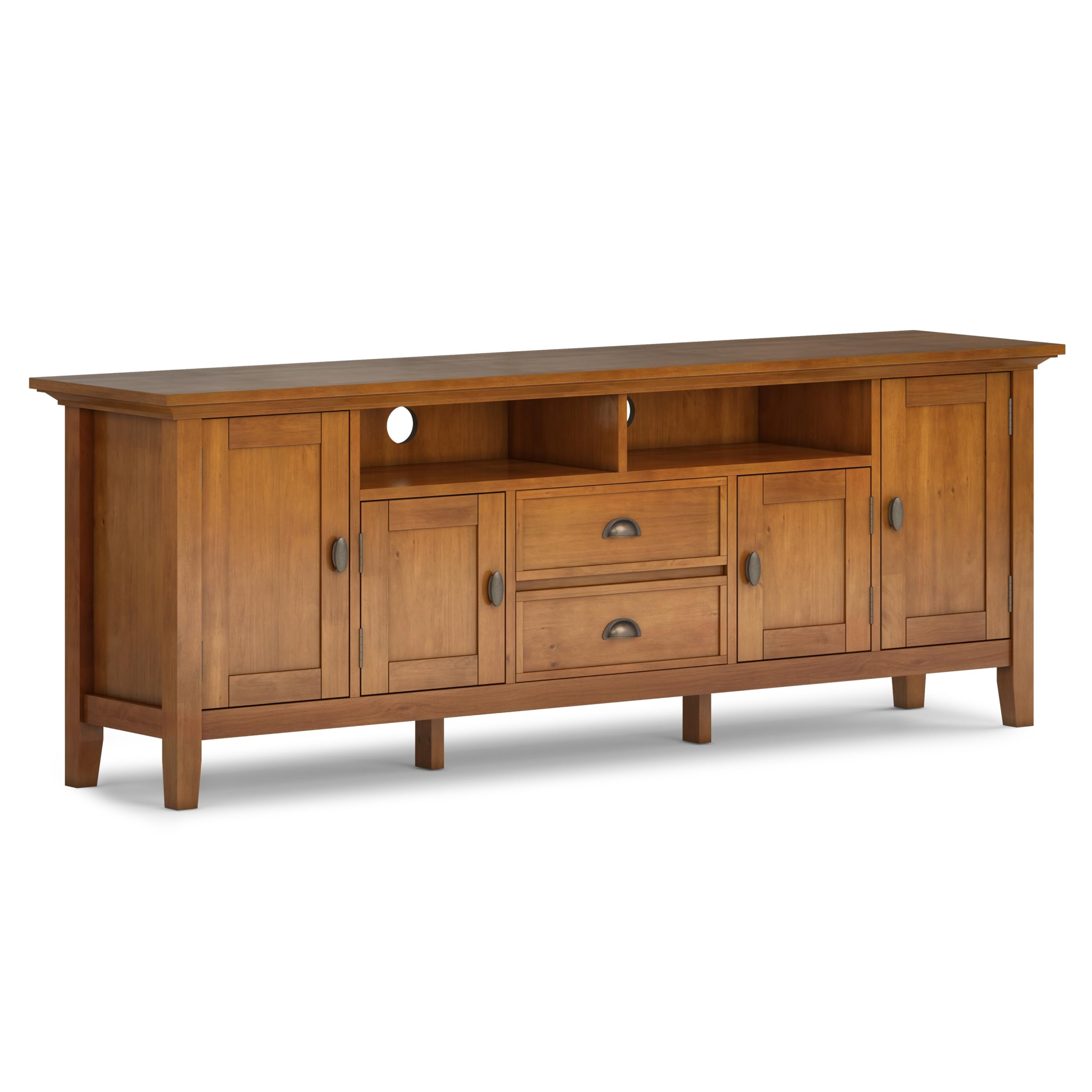 SIMPLIHOME Redmond SOLID WOOD 72 inch Wide Transitional TV Media Stand in Light Golden Brown For TVs up to 80 inches for the Liv