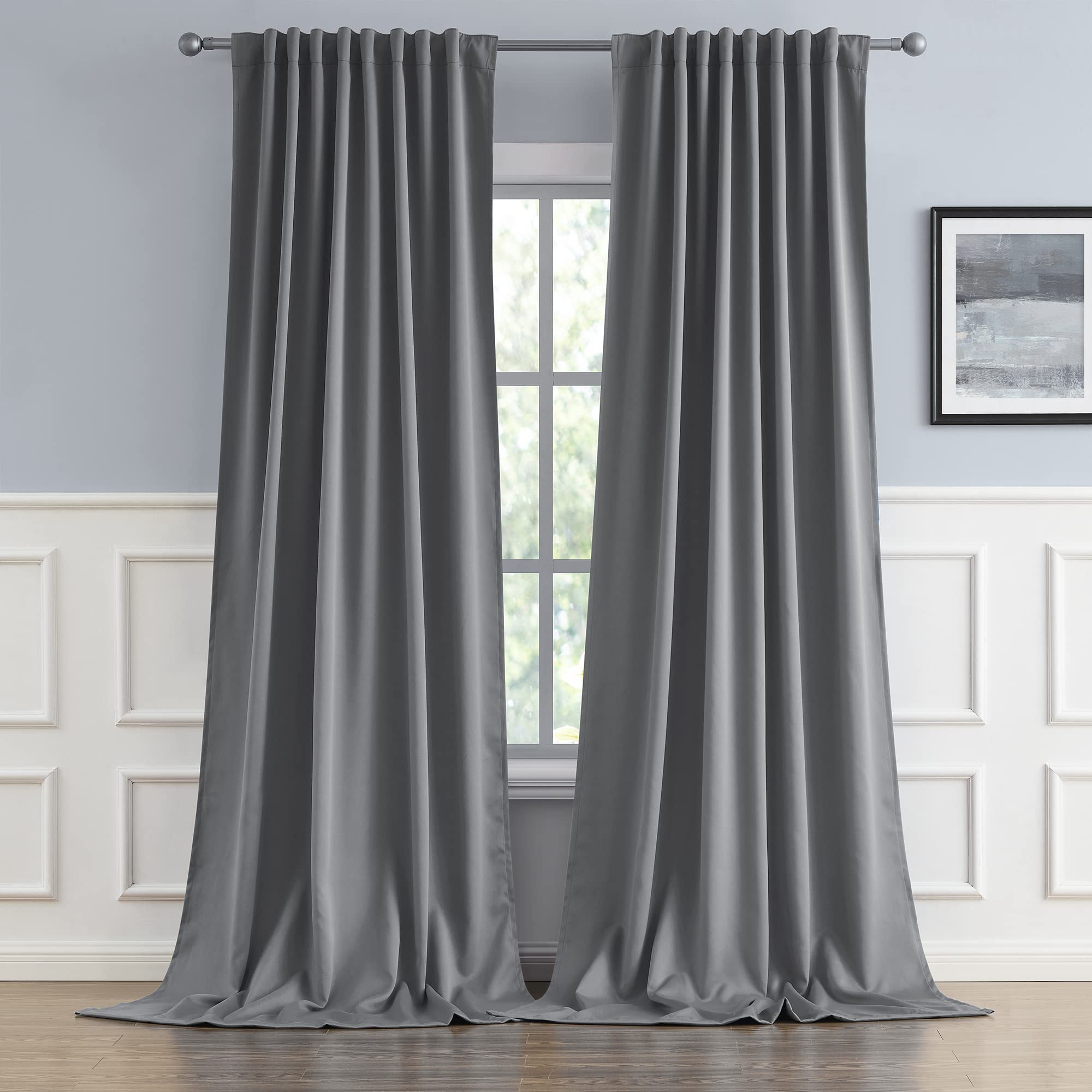 DUALIFE Gray Extra Long Curtains 108 Inch Length,Back Tab and Rod Pocket Thermal Insulated Blackout Curtains 52W x 108L, Grey, 2