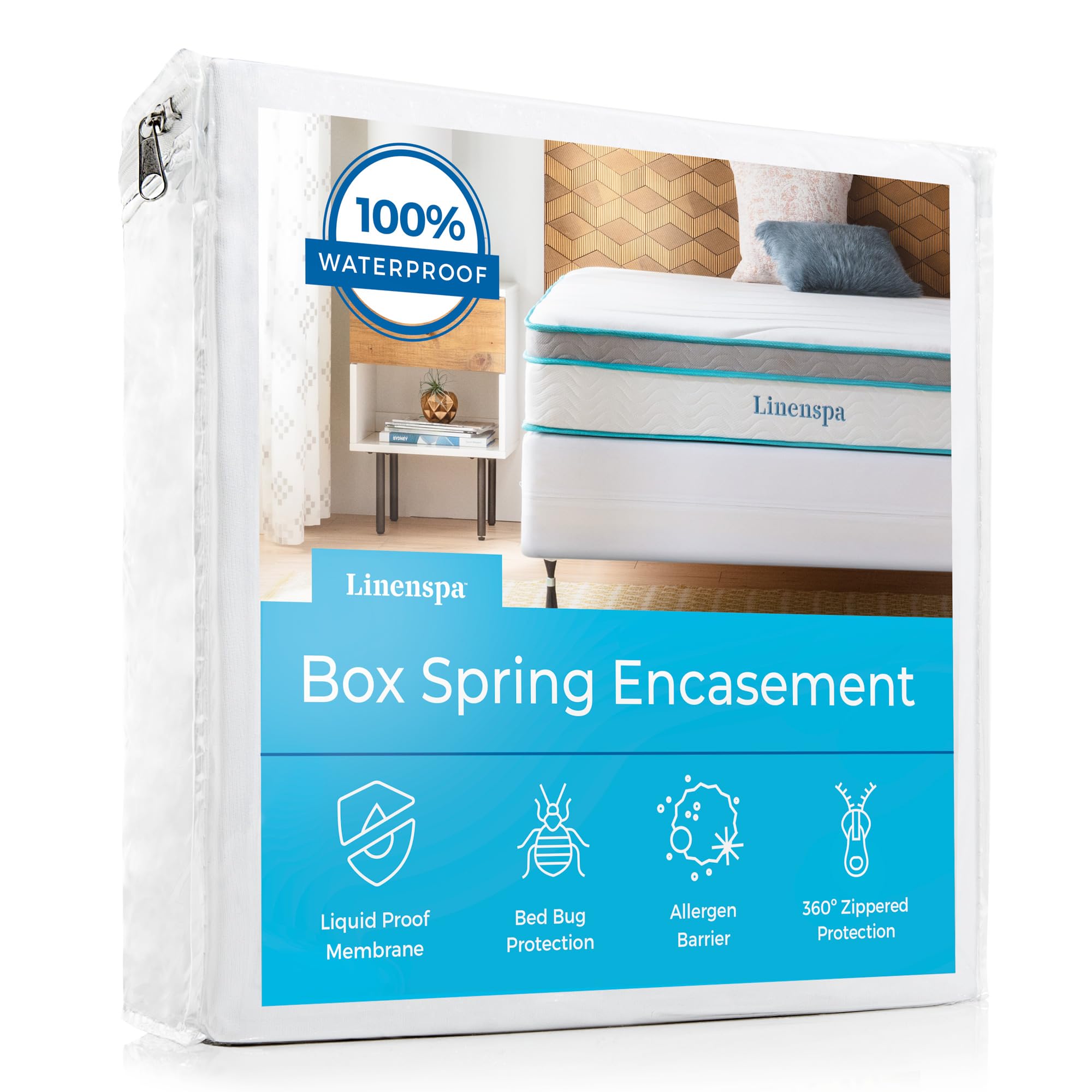 Linenspa Box Spring Encasement Standard, Complete Protection with Zipper, Waterproof Box Spring Protector Standard, Split Queen 