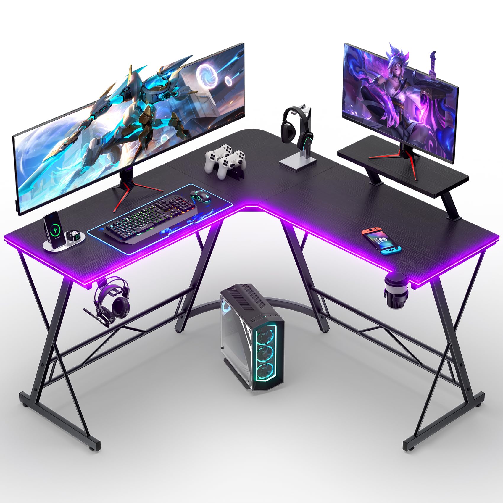 Mr IRONSTONE Gaming Desk with LED Lights, L Shaped Desk Corner with Cup Holder & Headphone Hook, Computer Desk Home Office Desks