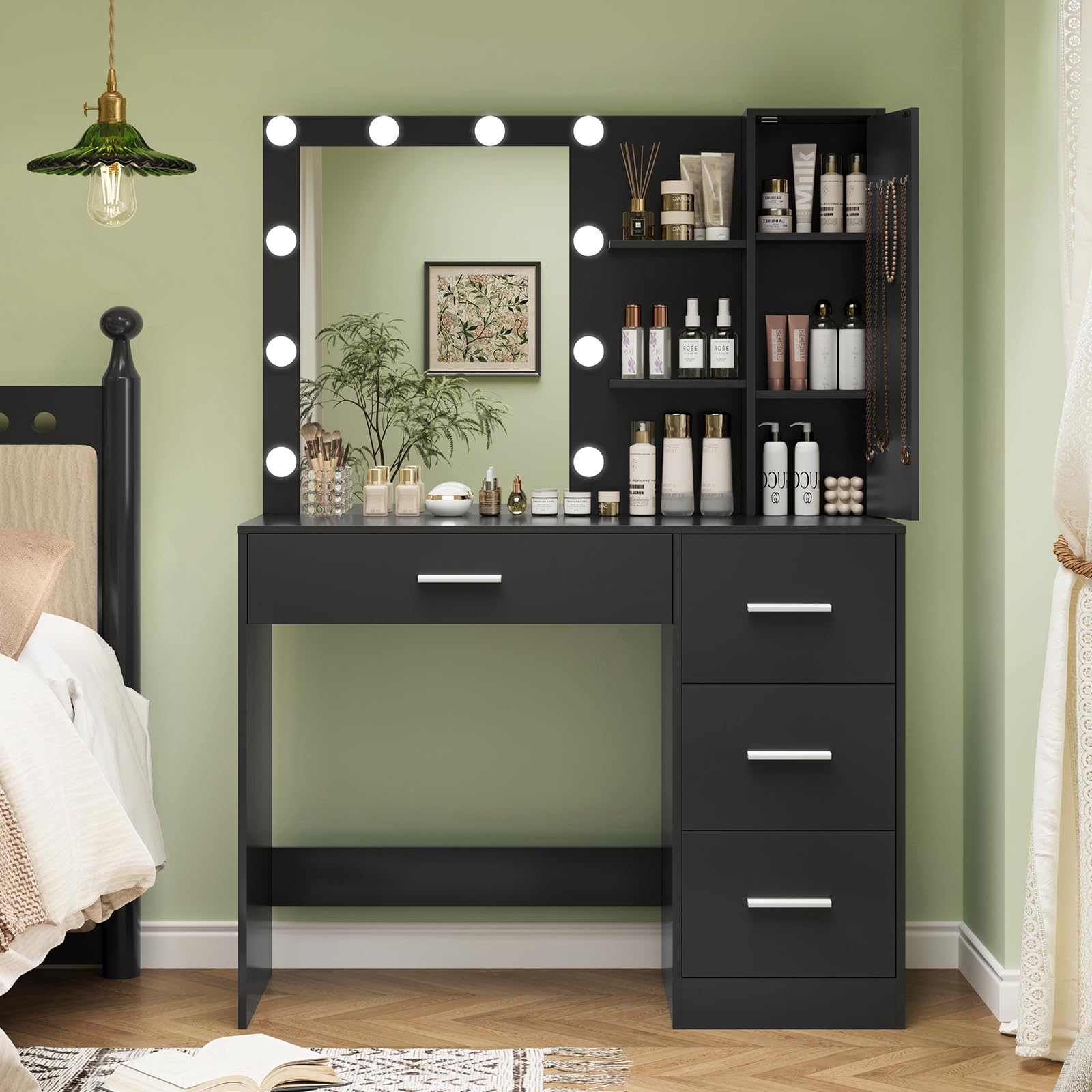 usikey sikey Makeup Vanity with Lights, Vanity Desk with Mirror and 10 LED Lights, Vanity Table Set with 4 Drawers, Cabinet & 4 