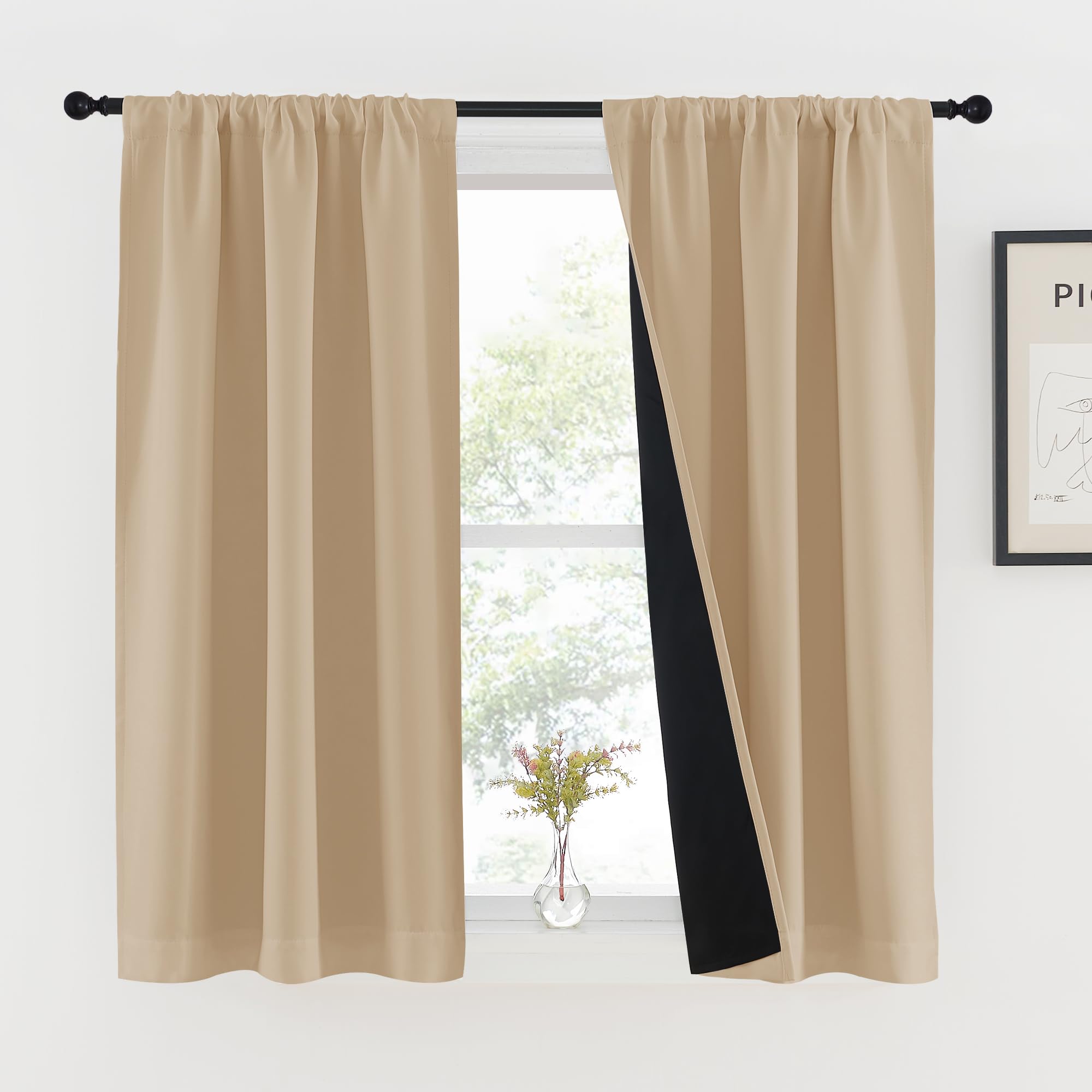 NICETOWN Biscotti Beige Kitchen 100% Blackout Curtains 48 inches Long, Rod Pocket Basement Completely Blackout Thermal Insulated