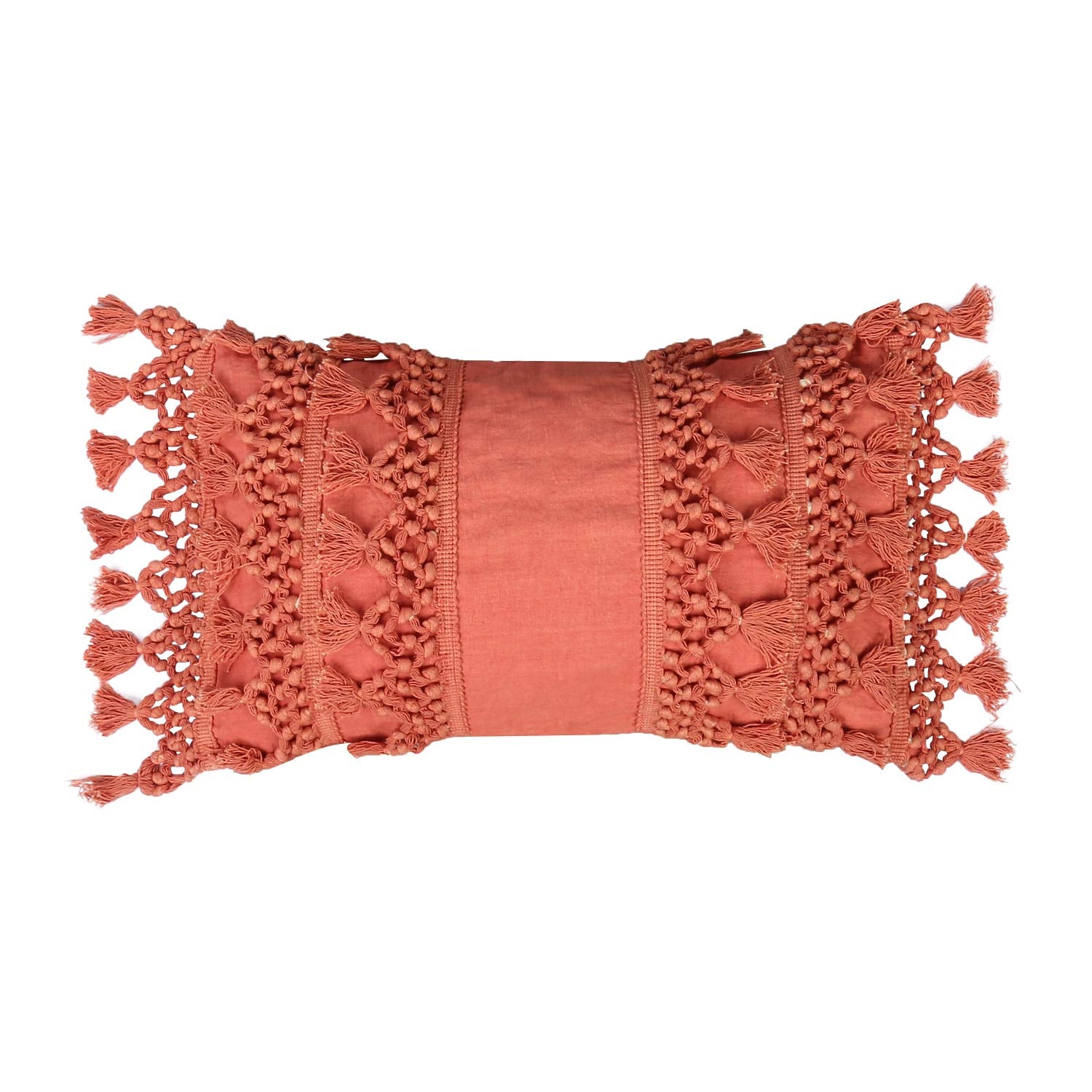 RAJRANG Coral Throw Pillow Cover with Decorative Tassels - 20x12 Inches Lumbar Boho Cushion for Living Room and Sofa Decor