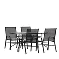 Flash Furniture Brazos 5 Piece Outdoor Patio Dining Set - 4 Black Flex Comfort Stack Chairs - 55 Tempered Glass Patio Table with