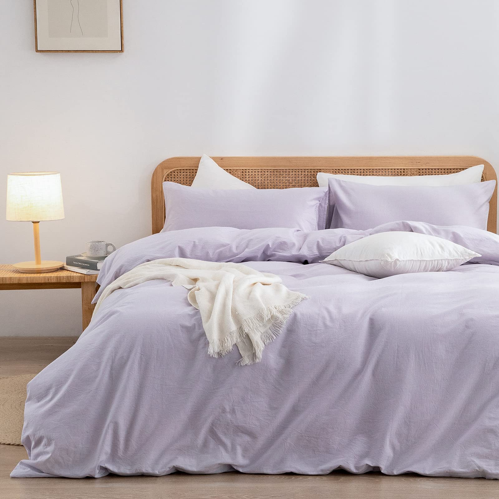 BESTOUCH Duvet Cover Set 100% Washed Cotton Linen Feel Super Soft Comfortable Chic Lightweight 3 PCs Home Bedding Set Solid Taro
