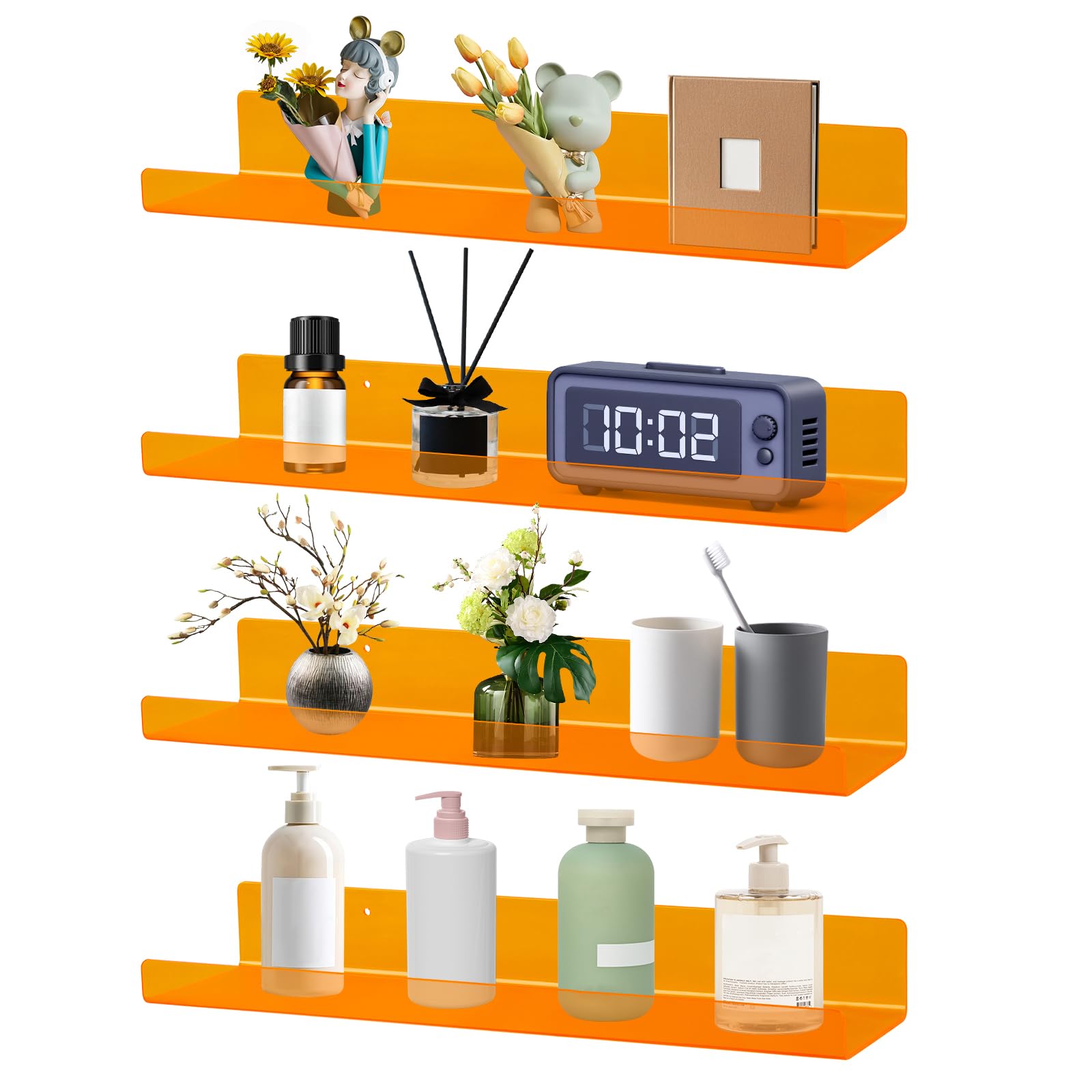 Dezzer 4 Pack Acrylic Shelves for Wall, 15 Acrylic Floating Shelves for Bathroom Bedroom, Invisible Bookshelf Wall Ledge Storage