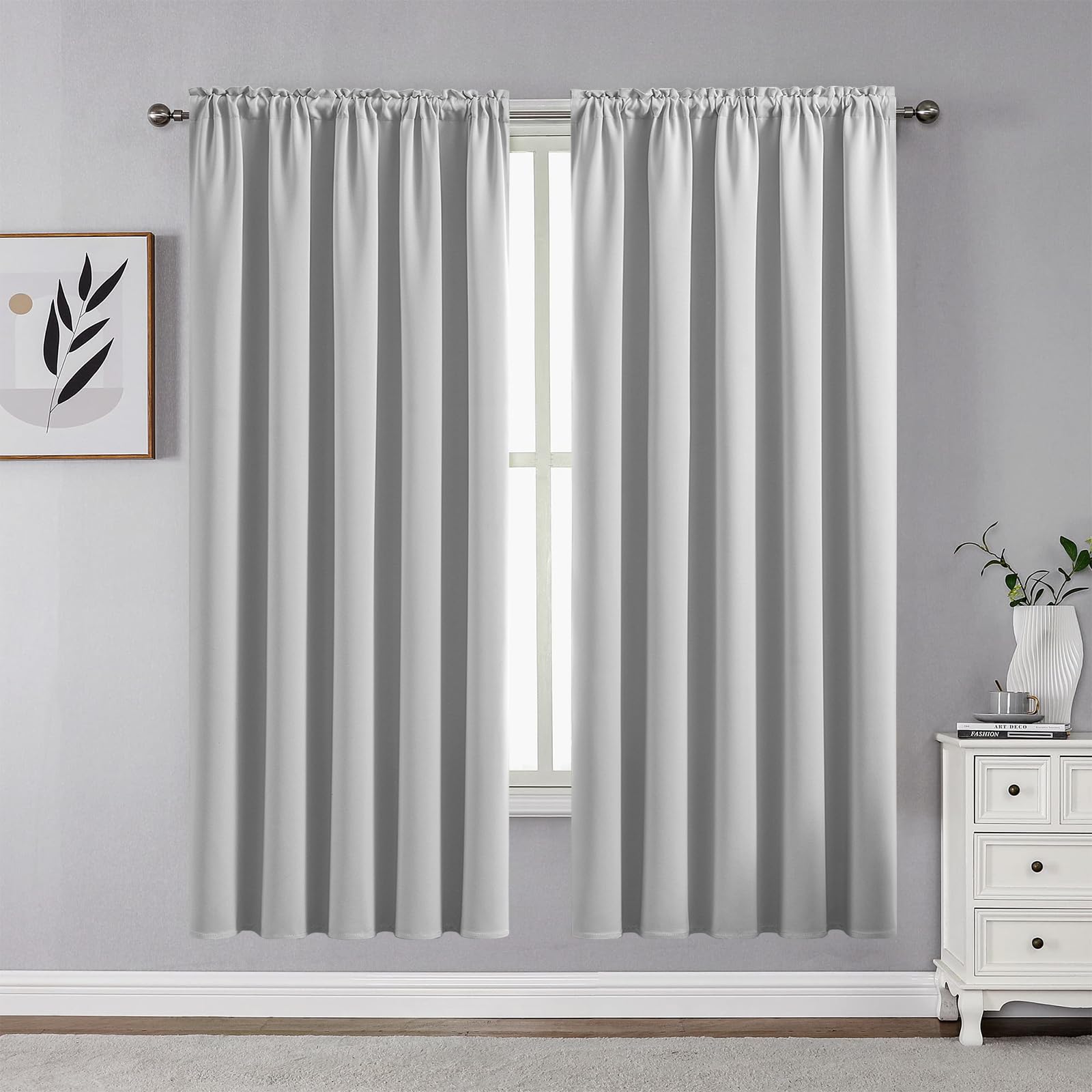 CUCRAF Grayish White Blackout Curtains 63 inch Length 2 Panels Set, Rod Pocket Room Darkening Drapes for Bedroom Living Room, In