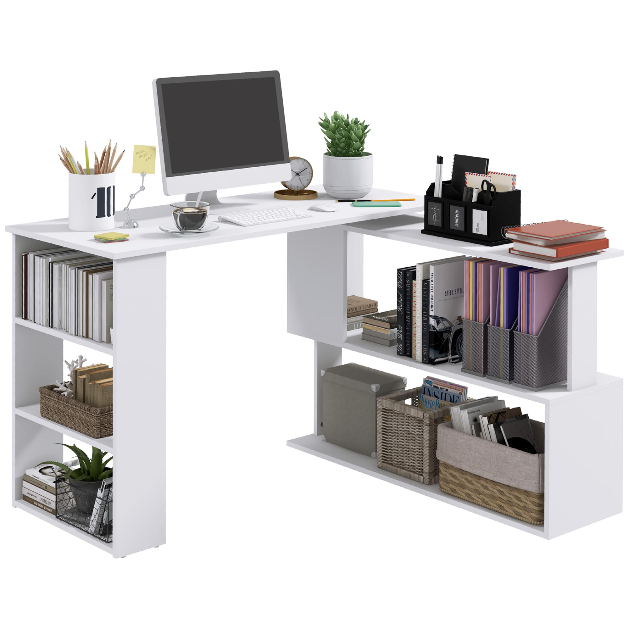 HOMCOM L Shaped Desk, Corner Computer Desk, 360 Degree Rotating Home Office Desk with Storage Shelves, Writing Table Workstation