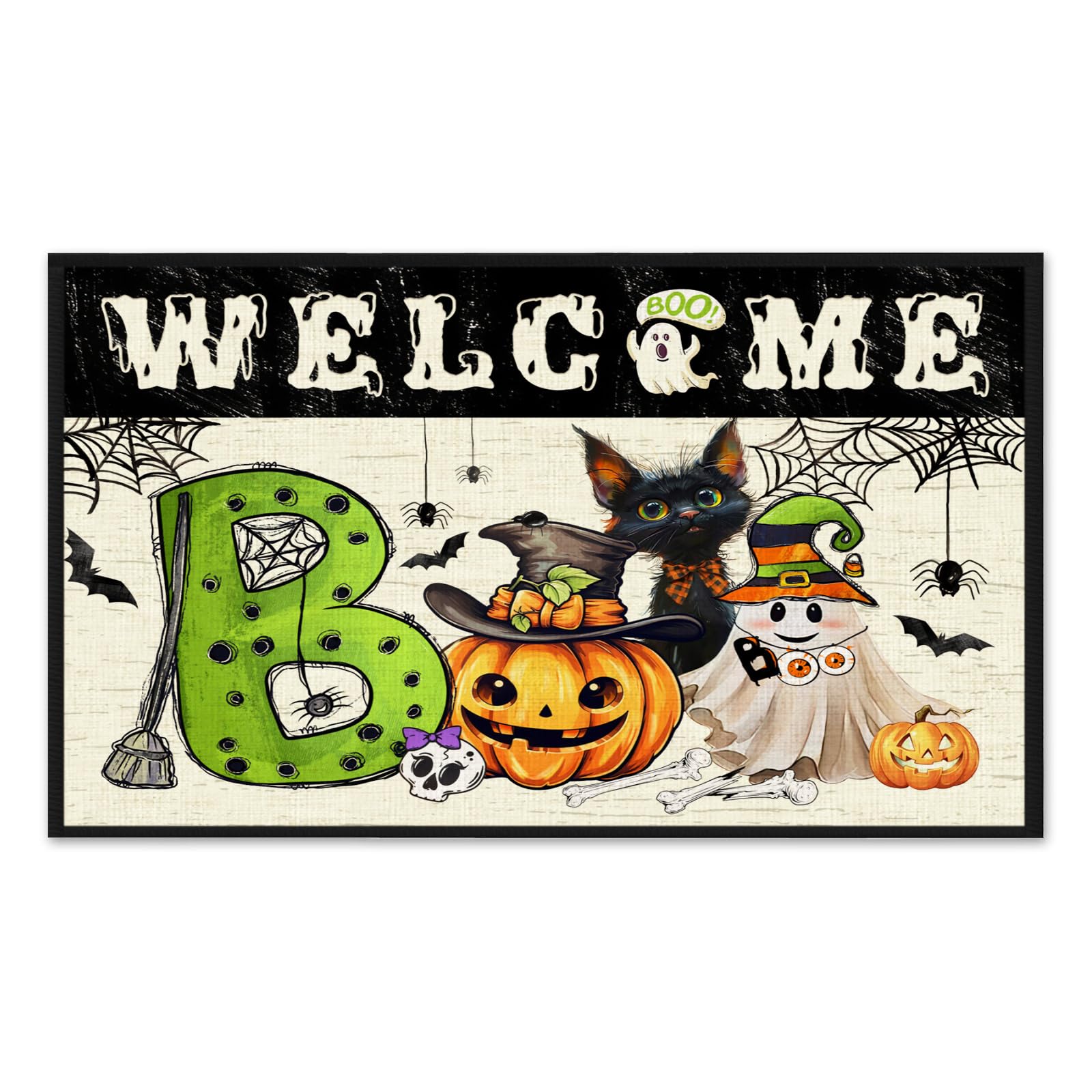 SEGXCFL Halloween Door Mat Boo Ghost Pumpkin Welcome Mat Rubber Non Slip Bathroom Rugs Black Cat Linen Mat Indoor Outdoor Entran
