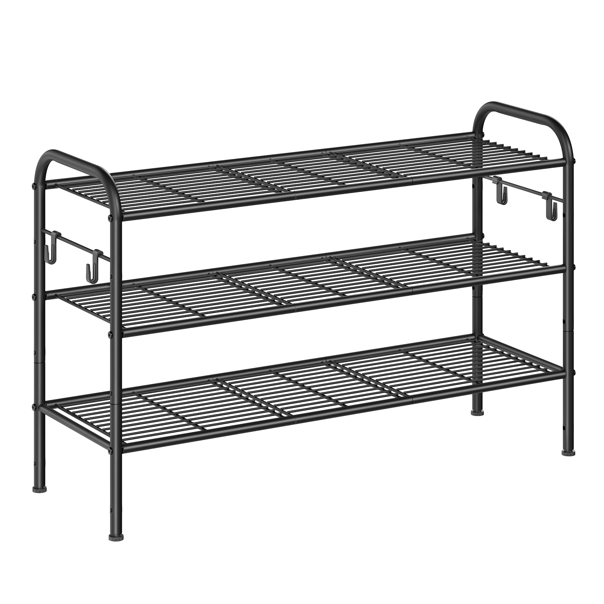 SONGMICS Shoe Rack, 3-Tier Shoe Organizer, Metal Shoe Shelf Storage with 4 Side Hooks, Holds 15 Pairs of Shoes, Height-Adjustabl