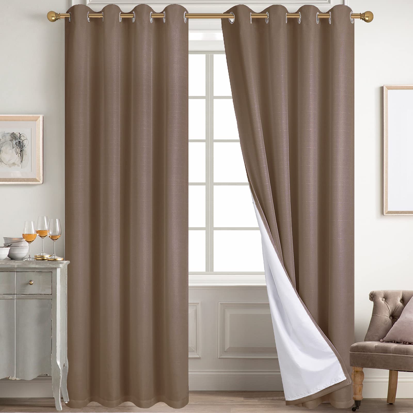 Diraysid 100% Blackout Curtains Cappuccino Linen Curtains for Bedroom Grommet Thermal Insulated Room Darkening Drapes (2 Panels,