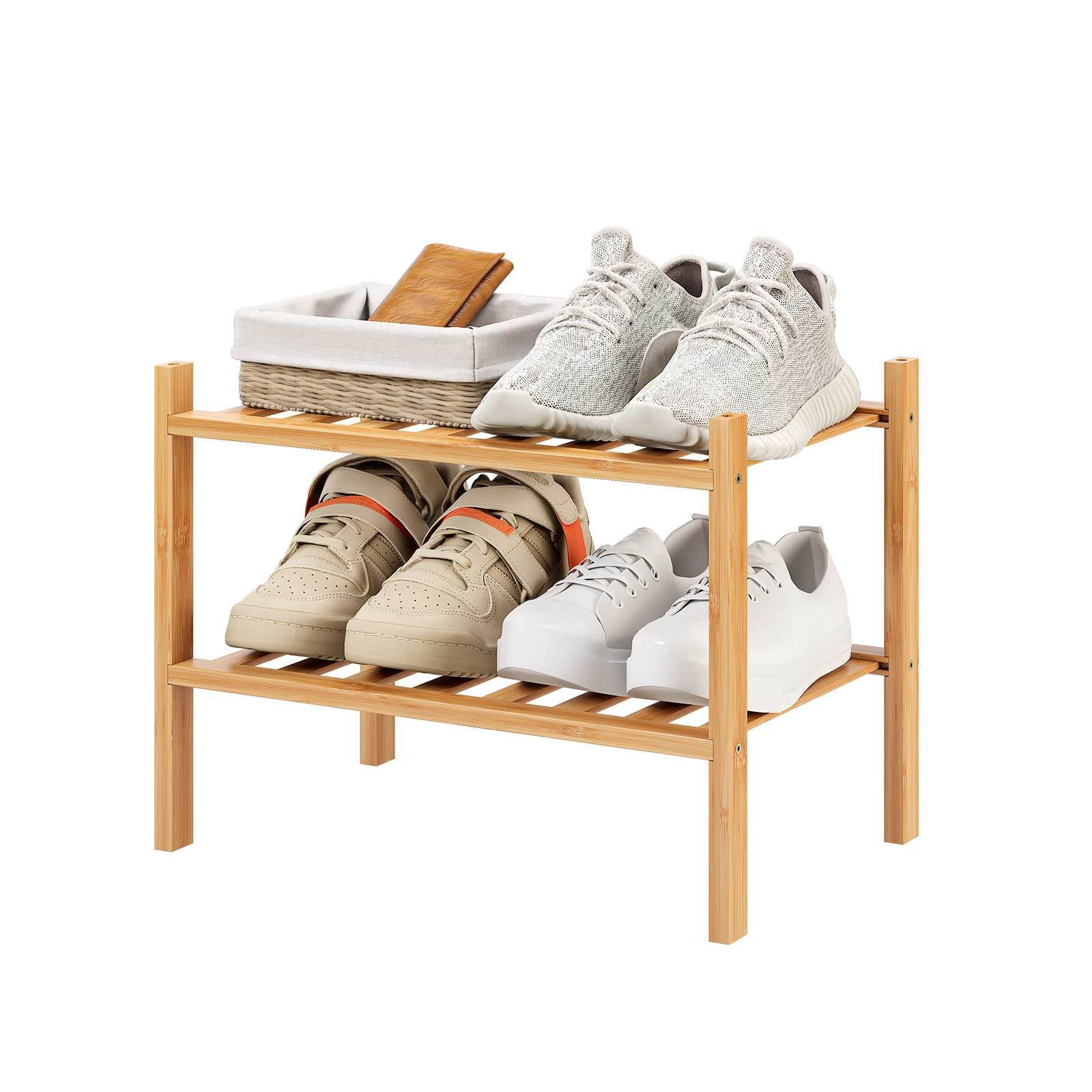Furshus Small Shoe Rack, 2-Tier Bamboo Stackable Shoe Shelf Storage Organizer, Shoe Stand for Closet, Entryway and Hallway