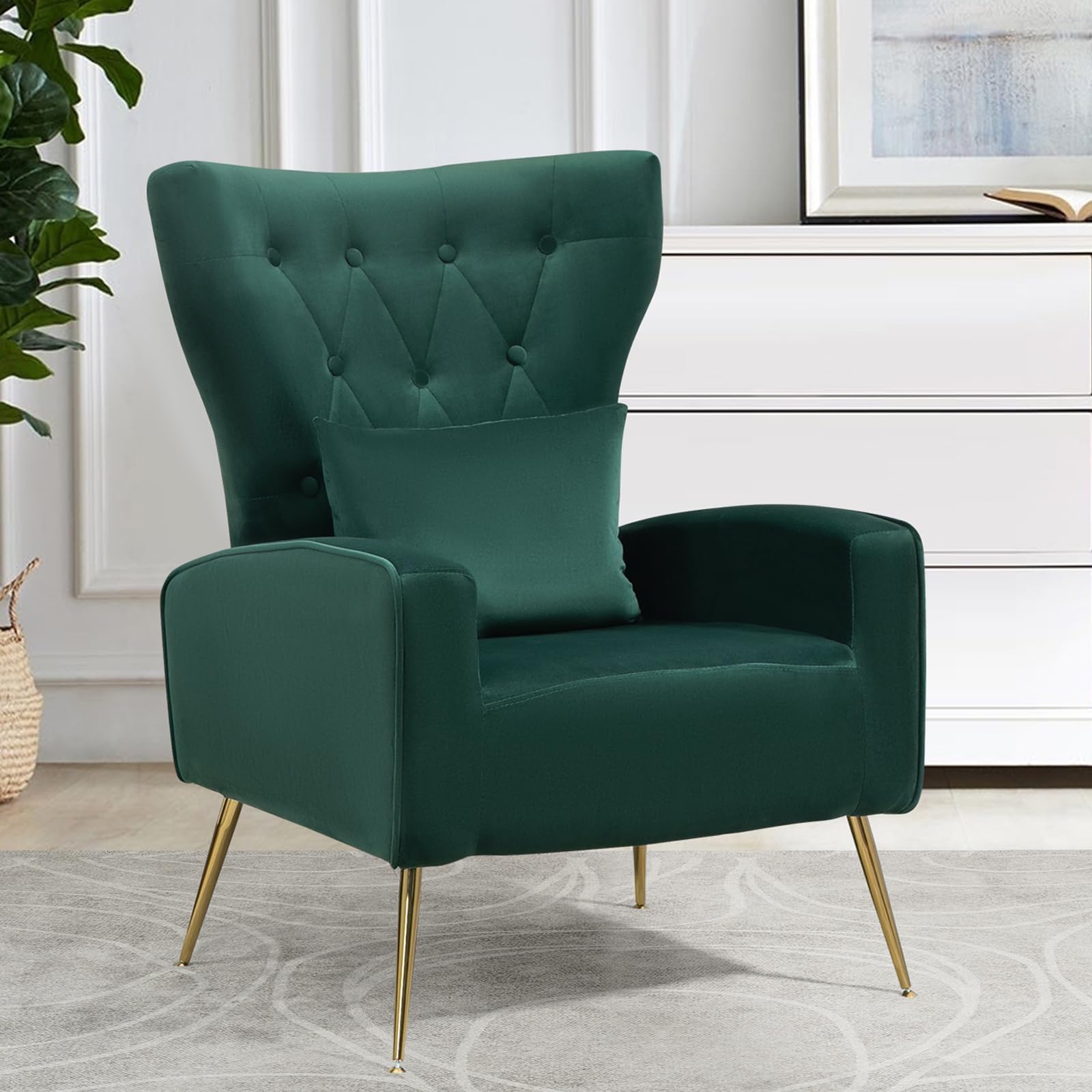 ZJhome Button- Tufted Living Room Chairs, WingBack Velvet Accent Chairs Armchair with Lumbar Pillow, Bedroom Chairs Arm Chair wi