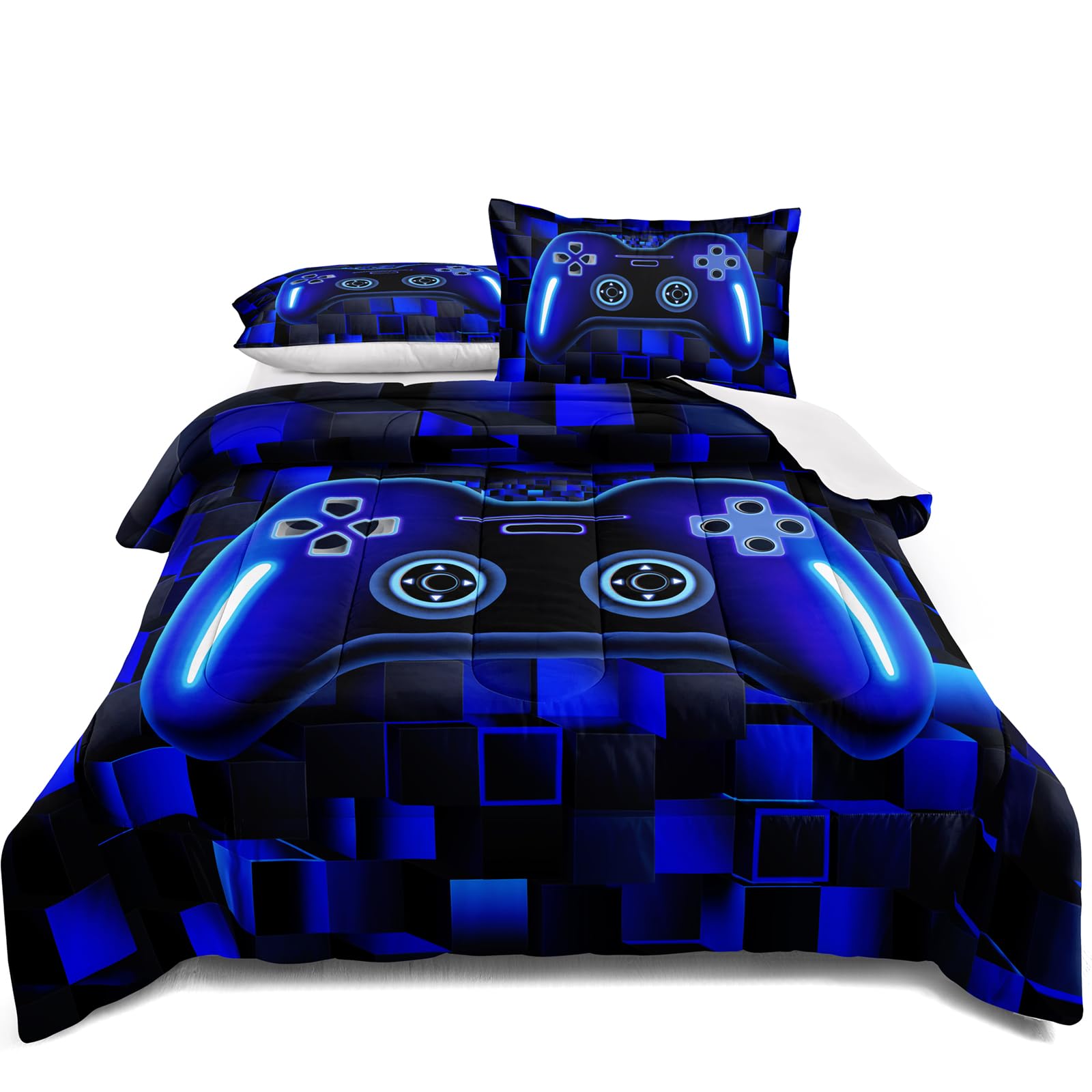 lris Bedding Bed in a Bag Set Full Size Fresh Blue 3D Gaming Bedding Set Features Game Controller for Boys Girls and Passionate 