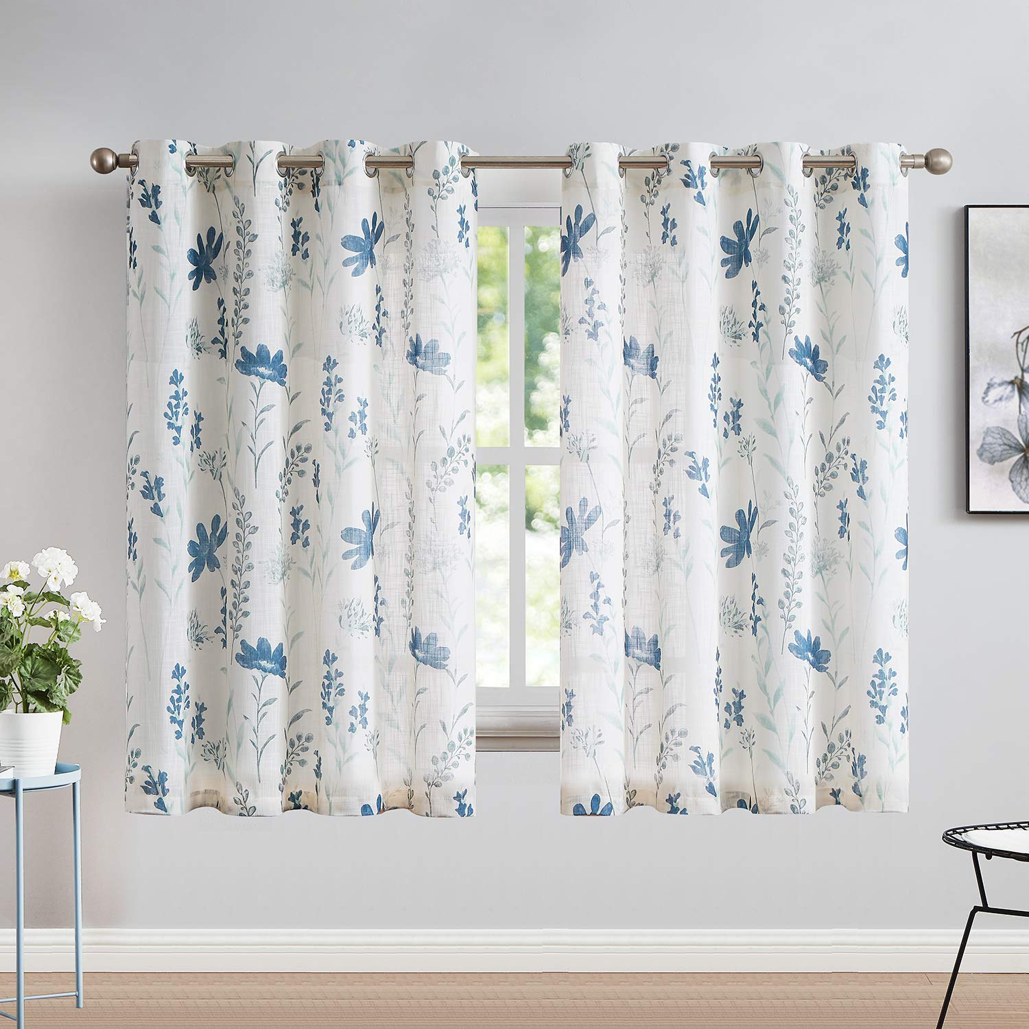 July Joy Printed Sheer Curtains Linen Textured for Living room Floral Leaf Design Farmhouse Style Window Panel Drapes Set Gromme