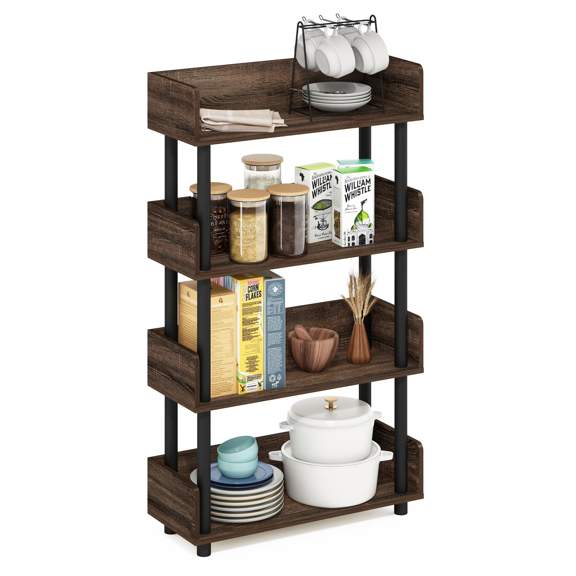 Furinno Turn-N-Tube 4-Tier Multipurposes Display Rack, Open Shelf Rack/Storage with Back & Side Panel, Walnut