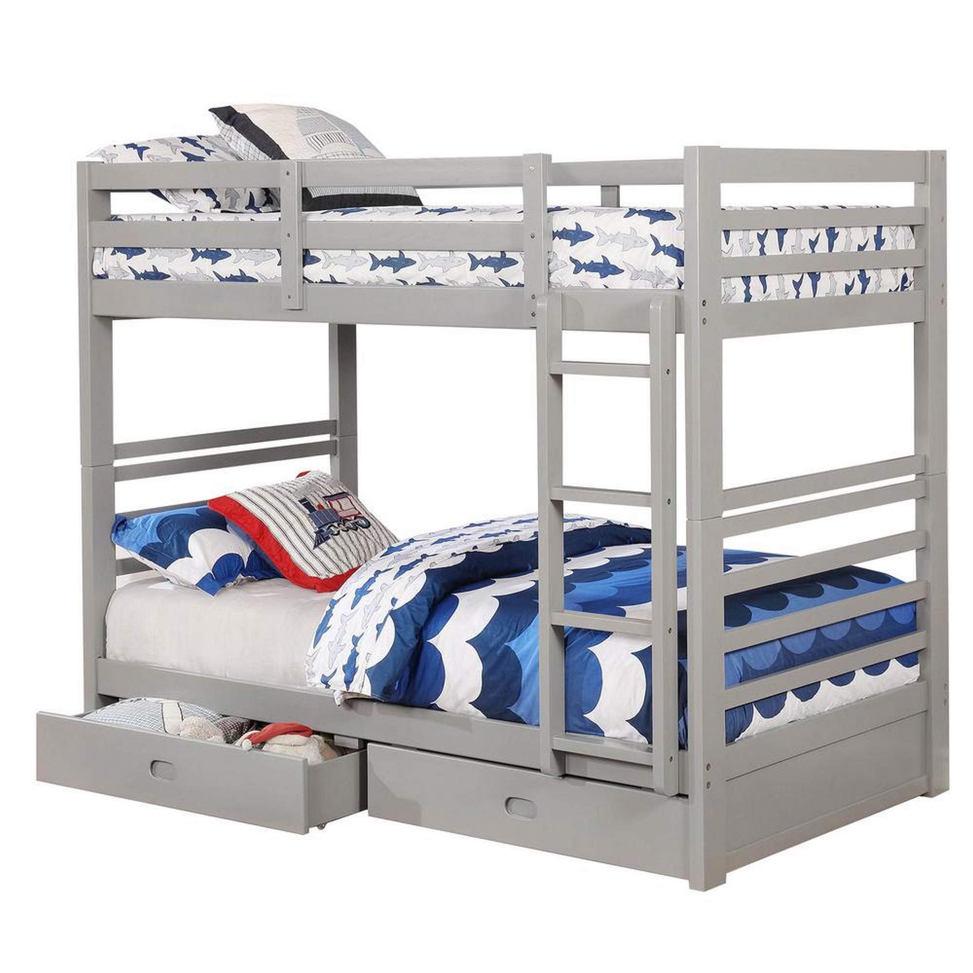 Benjara Transitional Twin Bed with Attached Ladder and Drawers, Gray