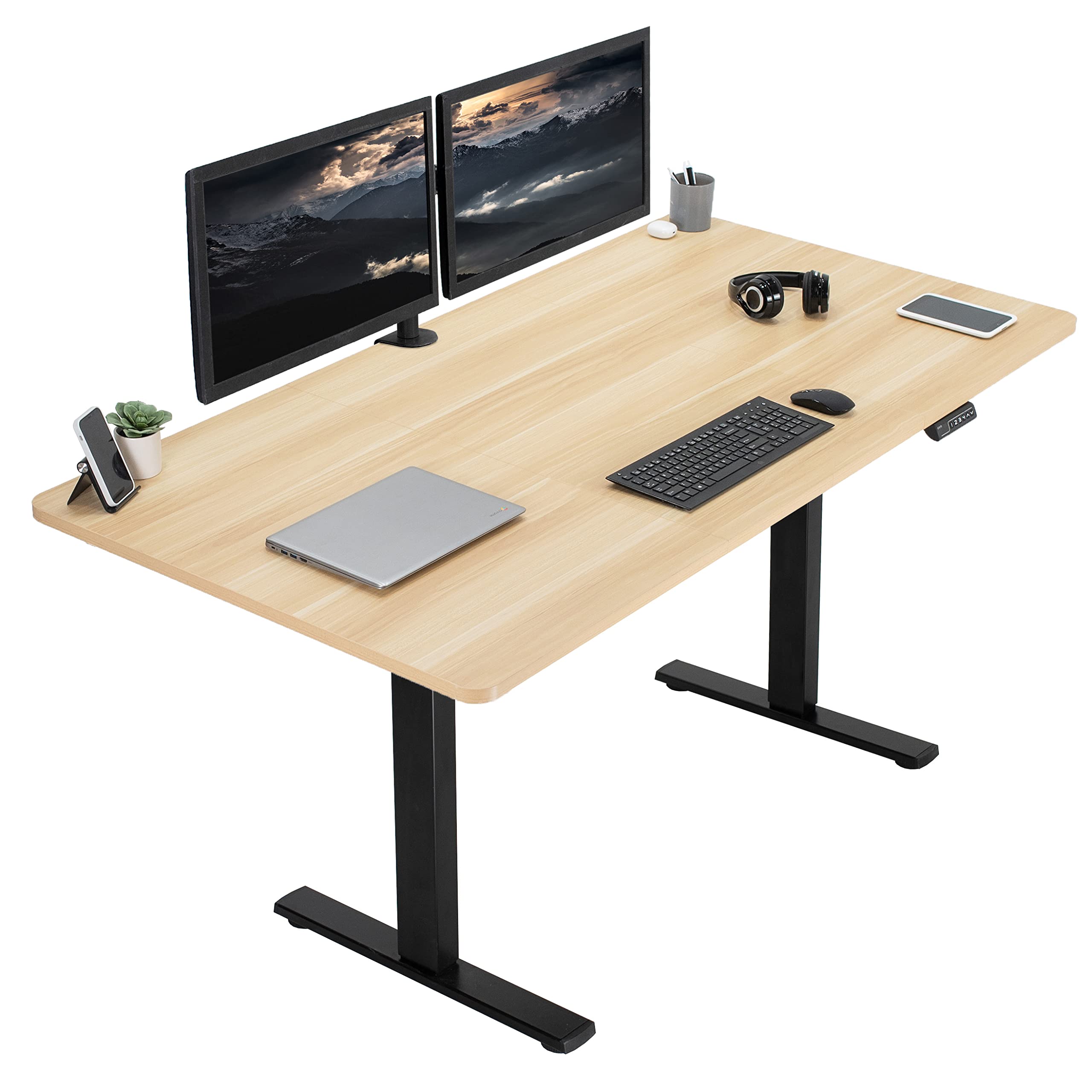 VIVO Electric Height Adjustable 71 x 36 inch Memory Stand Up Desk, Extra Deep Light Wood Table Top, Black Frame, Standing Workst