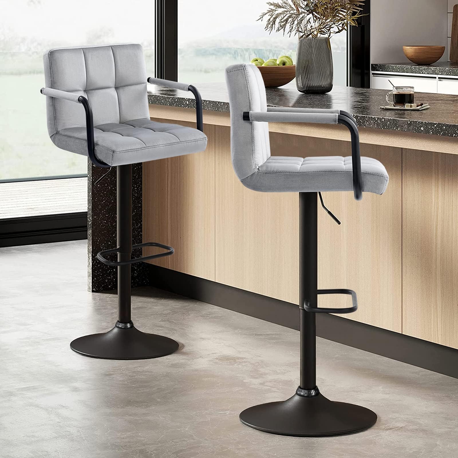 Furniliving Bar Stools Set of 2 with Armrest, Adjustable Square Velvet Barstools for Kitchen Counter, 360Swivel Counter Barstool