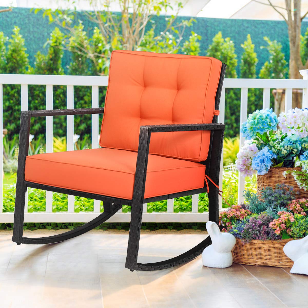 Tangkula Wicker Rocking Chair, Outdoor Rattan Rocker Chair with Heavy-Duty Steel Frame, Patio Furniture Seat with 5    Thick Cus