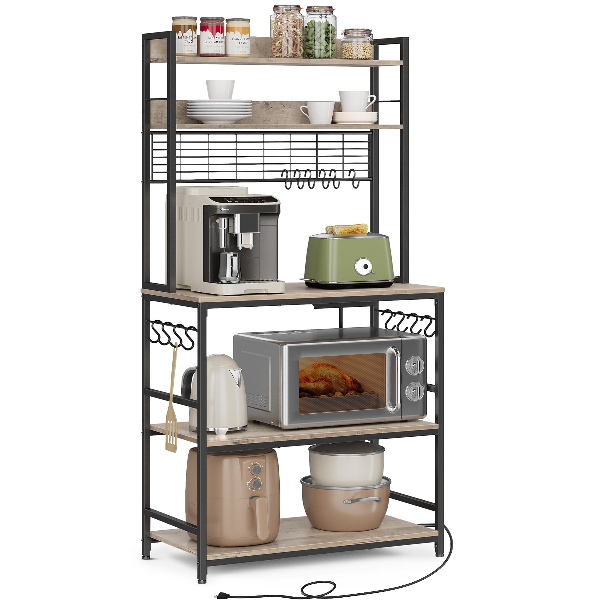 VASAGLE Hutch Bakers Rack with Power Outlet, 14 Hooks Microwave Stand, Adjustable Coffee Bar with Metal Wire Panel, Kitchen Stor