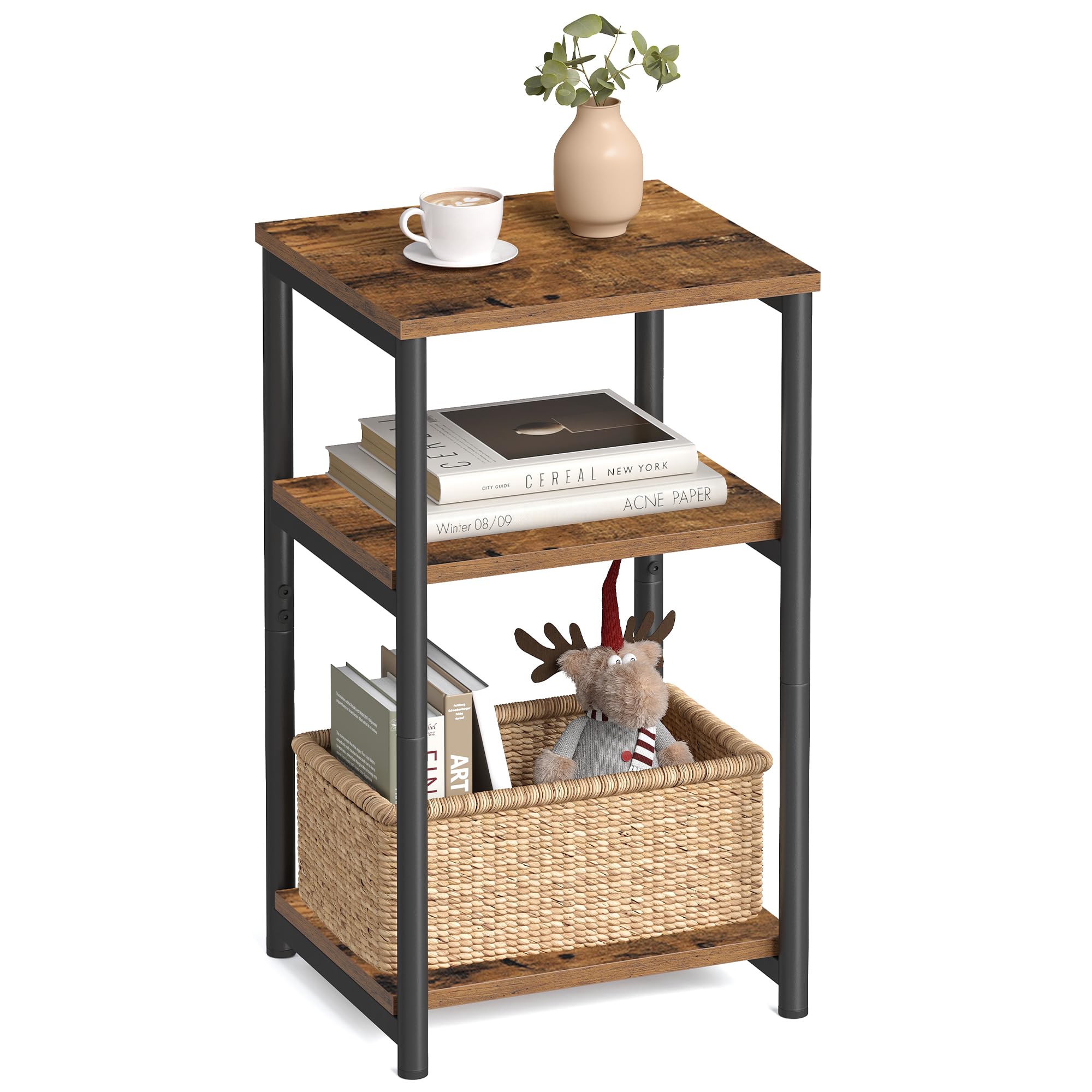 VASAGLE Side Table, Small End Table, Tall Nightstand for Living Room, Bedroom, Office, Bathroom, Rustic Brown and Classic Black 