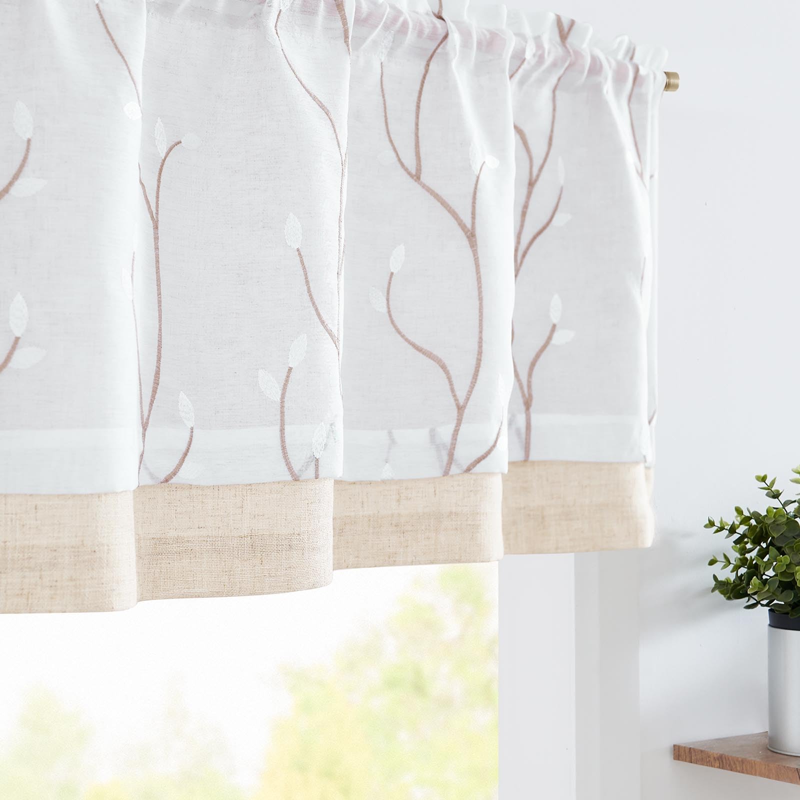 jinchan Linen Valance Sheer Double Layer Kitchen Window Curtain Leaf Embroidered Valance for Living Room Cafe Farmhouse Light Fi