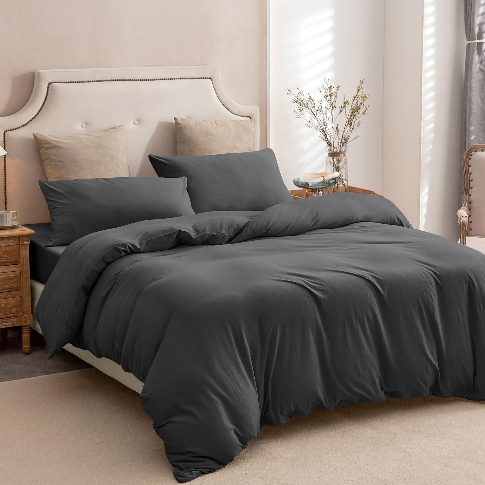 PURE ERA Jersey Knit Duvet Cover Set 100% T-Shirt Cotton Super Soft Comfy 3pc Bedding Set with Zipper Closure (Solid Deep Grey, 