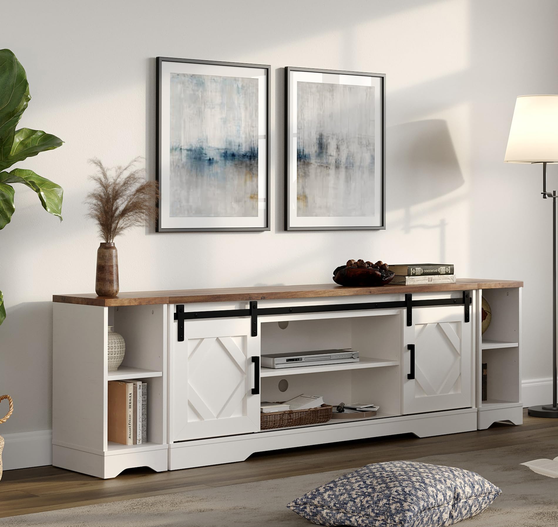 WAMPAT Modern Farmhouse 3 in 1 TV Stand for up to 85 TVs Wood Entertainment Center with Open Storage for Living Room Antique Whi