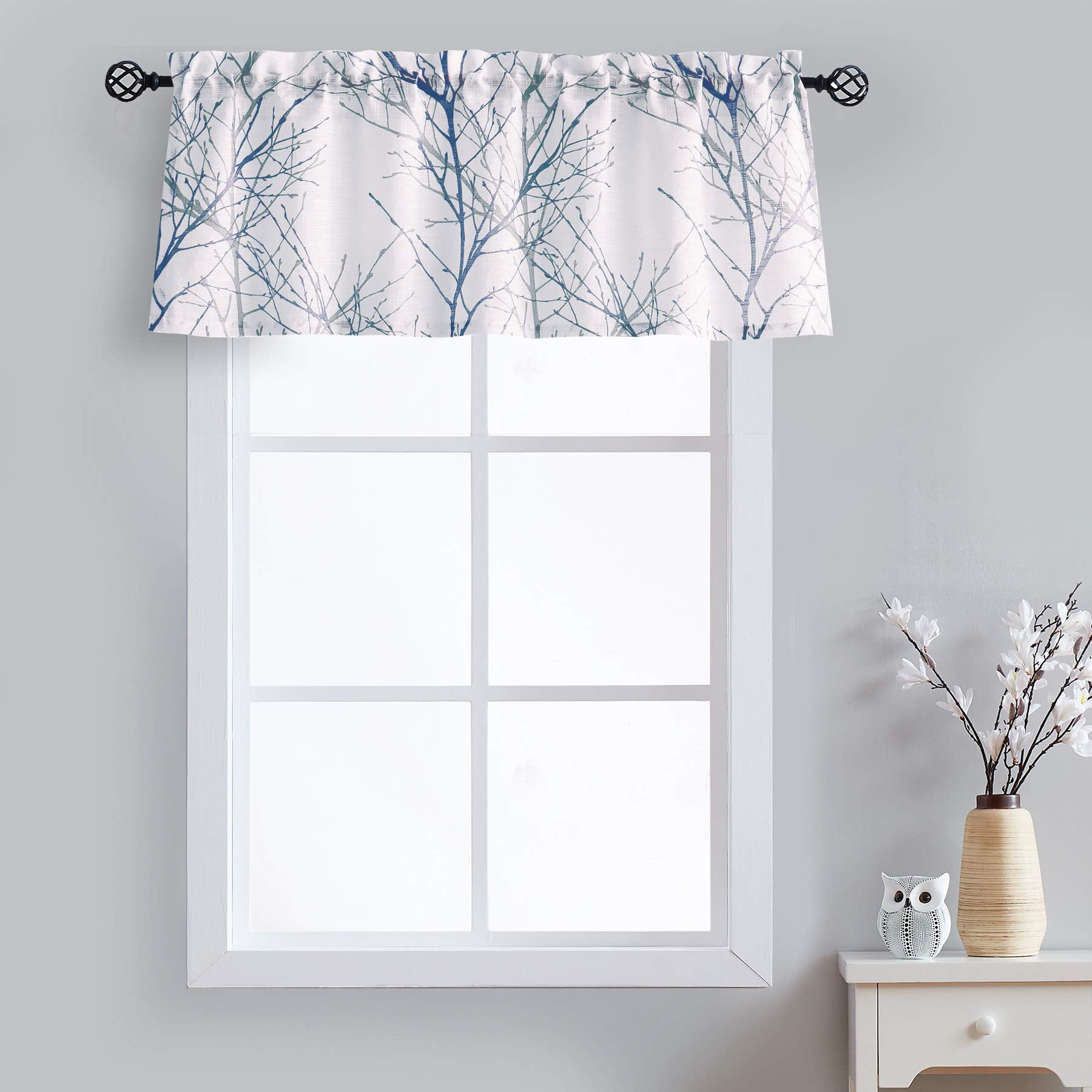 FMFUNCTEX Blue Kitchen Valance Curtain for Living Room Grey Branch Print on Linen Texture Look Window Valance for Bedroom 50 W x