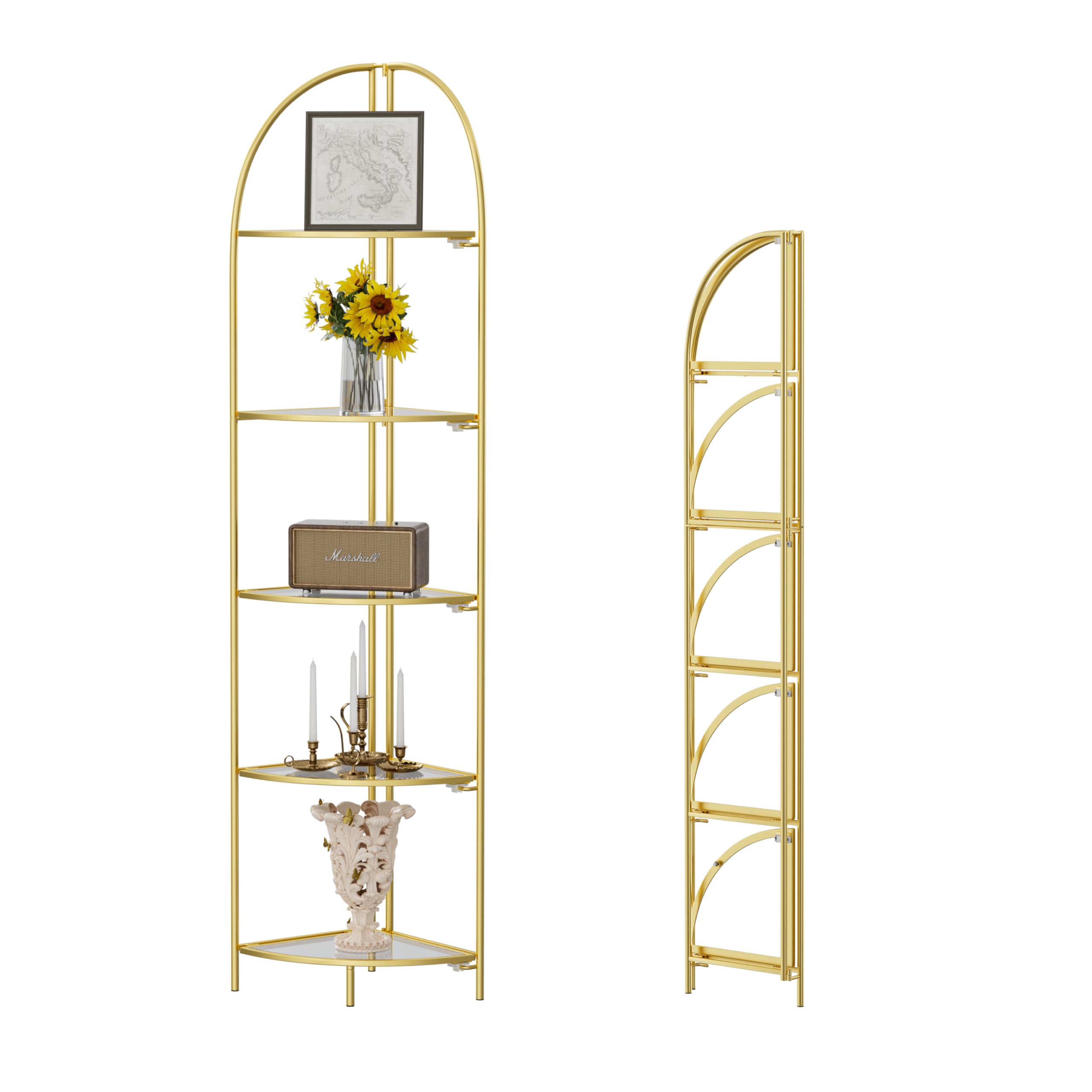 Crofy Foldable 5 Tier Corner Shelf, Metal Corner Plant Stand with Gold Frame and Transparent Shelves, Corner Display Rack Multip