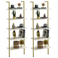 aboxoo Ladder Shelf 2PCS White Marble Bookshelf 5-Tier Wall-Mounted Wood Rack Open Industrial Modern Plant Flower Stand Utility 