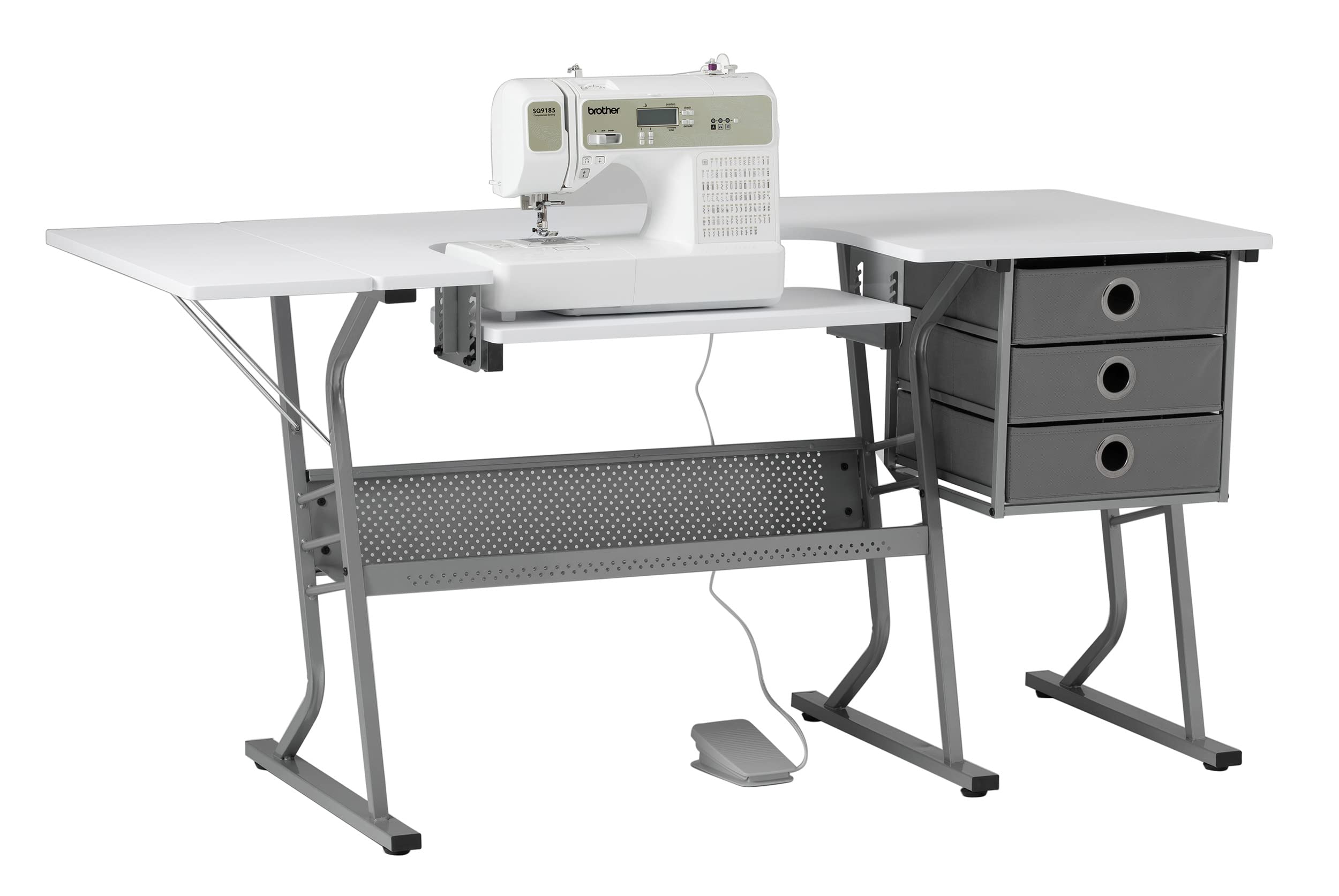 Sew Ready Eclipse Hobby and Sewing Machine Table - White Sewing Table with Gray Storage Drawers + Large Lower Shelf - Can Also B