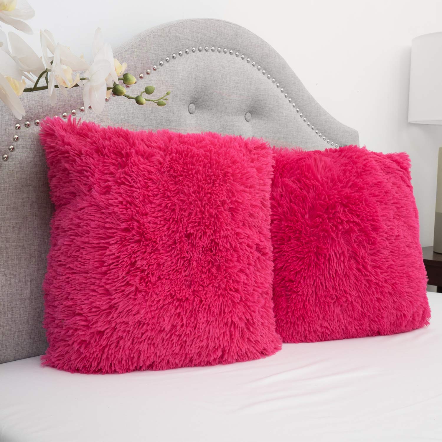 Sweet Home Collection Plush Pillow Faux Fur Soft and Comfy Throw Pillow (Pack of 2), Hot Pink