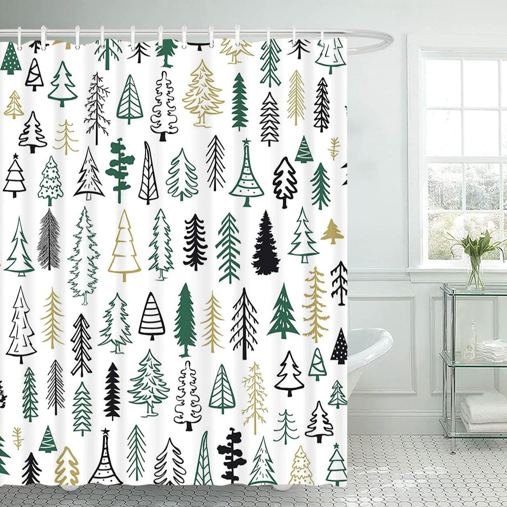 Lofaris Merry Christmas Black and White Tree Shower Curtain Xmas Pine Pattern New Year Holiday Bathroom Decor Curtain Winter Was