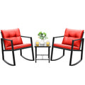 Devoko 3 Piece Rocking Bistro Set Wicker Patio Outdoor Furniture Porch Chairs Conversation Sets with Glass Coffee Table (Red)