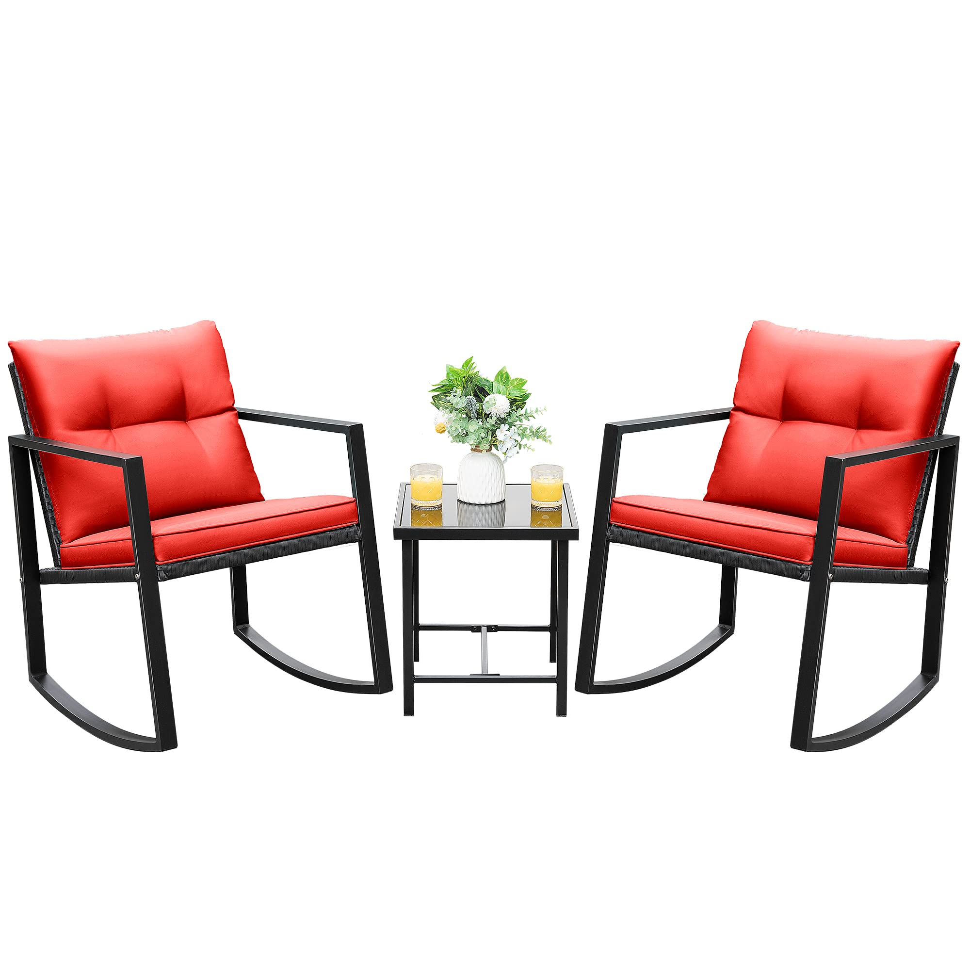 Devoko 3 Piece Rocking Bistro Set Wicker Patio Outdoor Furniture Porch Chairs Conversation Sets with Glass Coffee Table (Red)