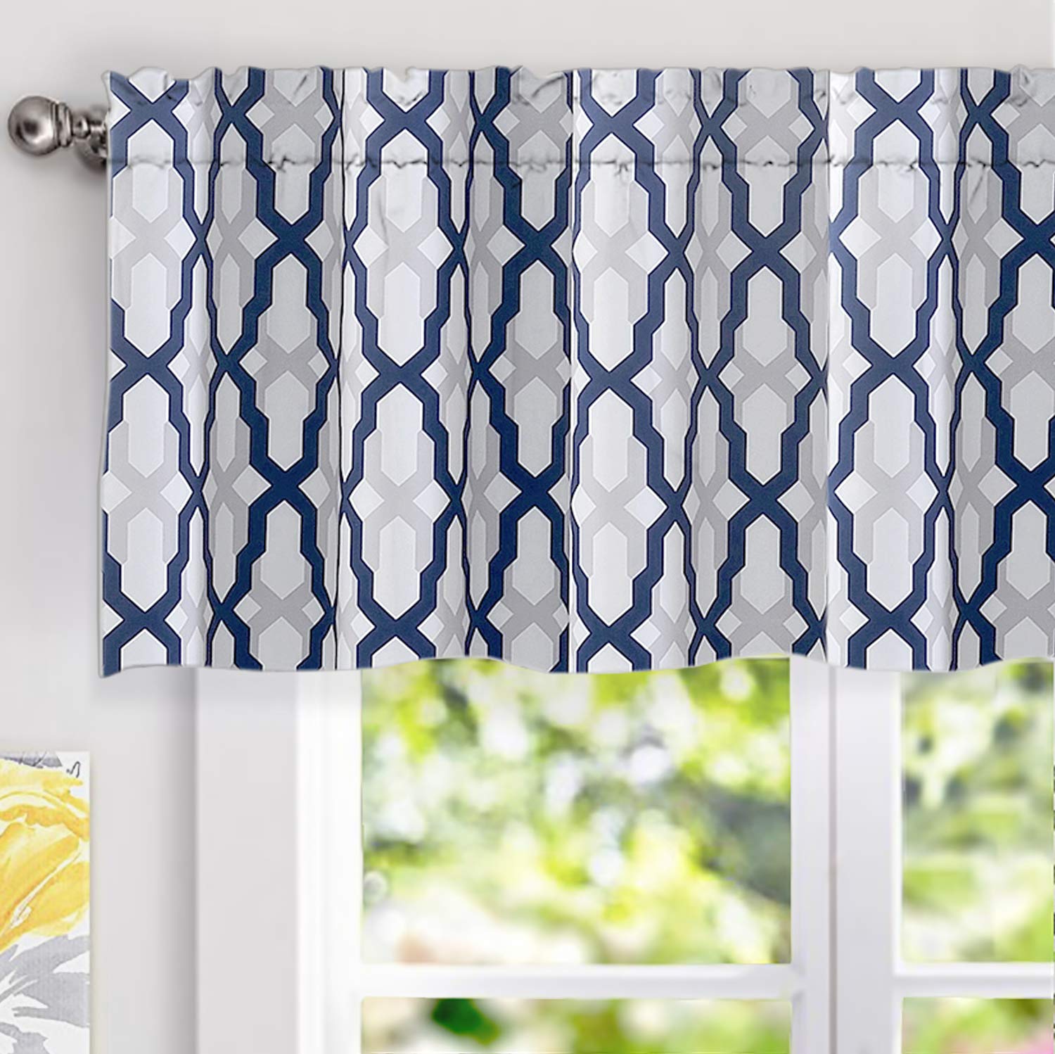DriftAway Mason Geometric Trellis Pattern Window Curtain Valance Rod Pocket 52 Inch by 18 Inch plus 2 Inch Header Navy