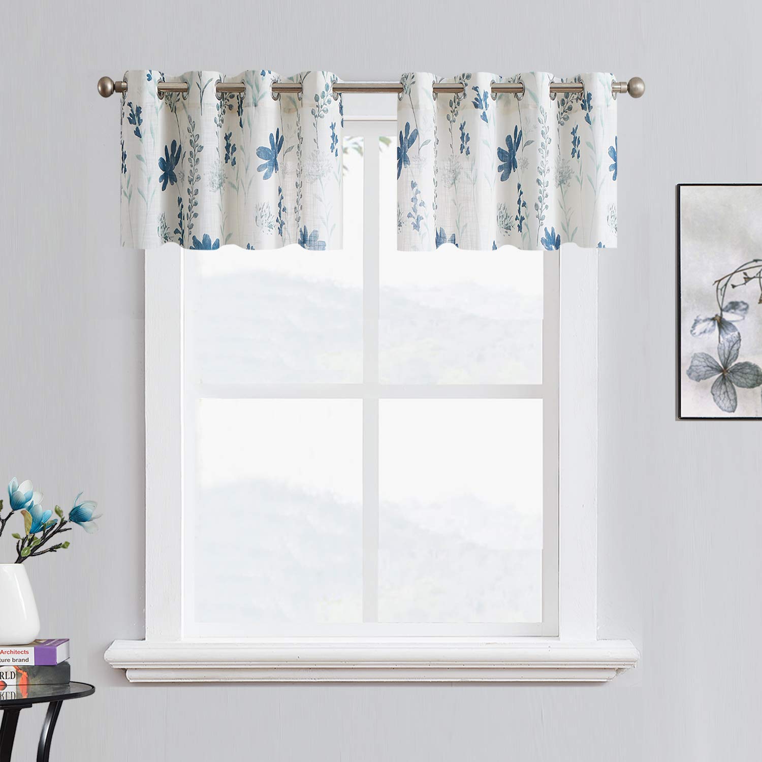 July Joy Printed Kitchen Valance Linen Textured 18-inches Floral Leaf Design Farmhouse Style Window Panel Drapes Set Grommet Tre