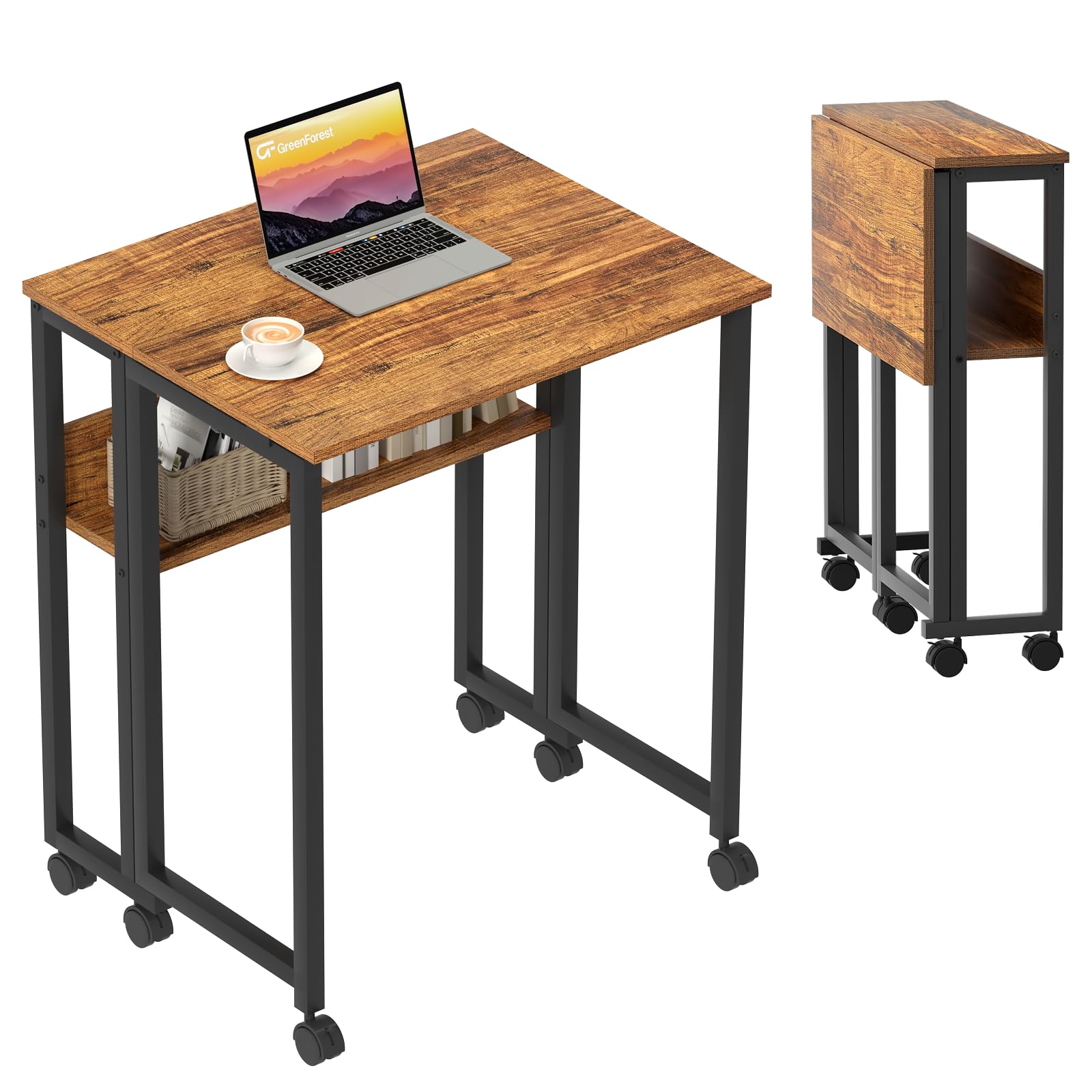 GreenForest Folding Desk Small Rolling Desk with Storage Shelf, 31.5 inch Foldable Computer Desk with Wheels for Small Space, Ea