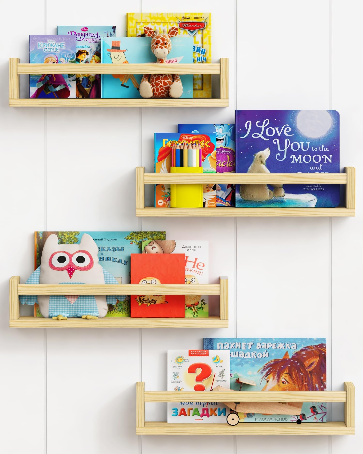Forbena Natural Wood Nursery Book Shelves Wall Mounted, Floating Bookshelf for Kids Room, Toys and Books Storage Organizer Books