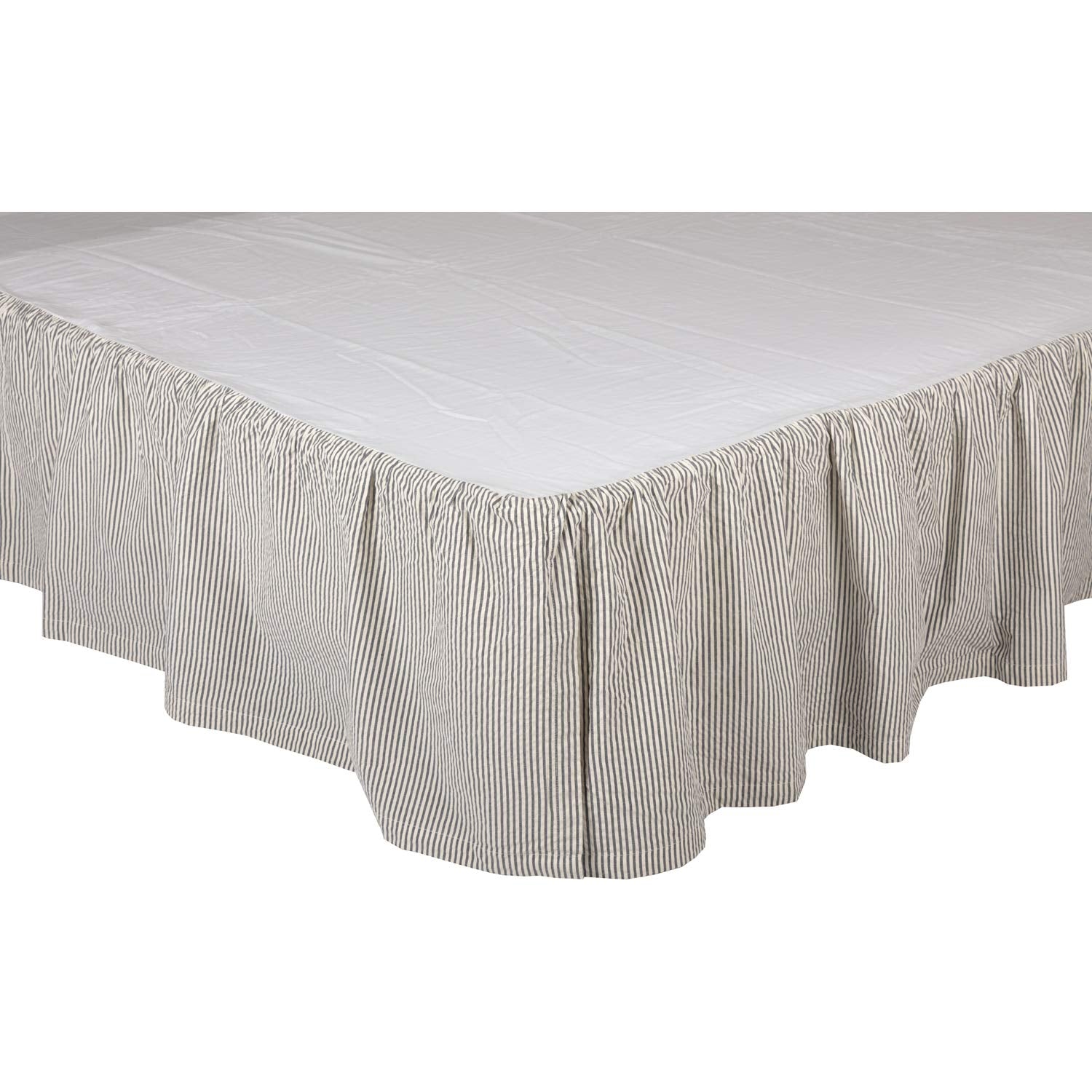 VHC Brands Hatteras Seersucker Ticking Striped Cotton Americana Split Corners Gathered Queen Bed Skirt, 60x80x16, Denim Blue