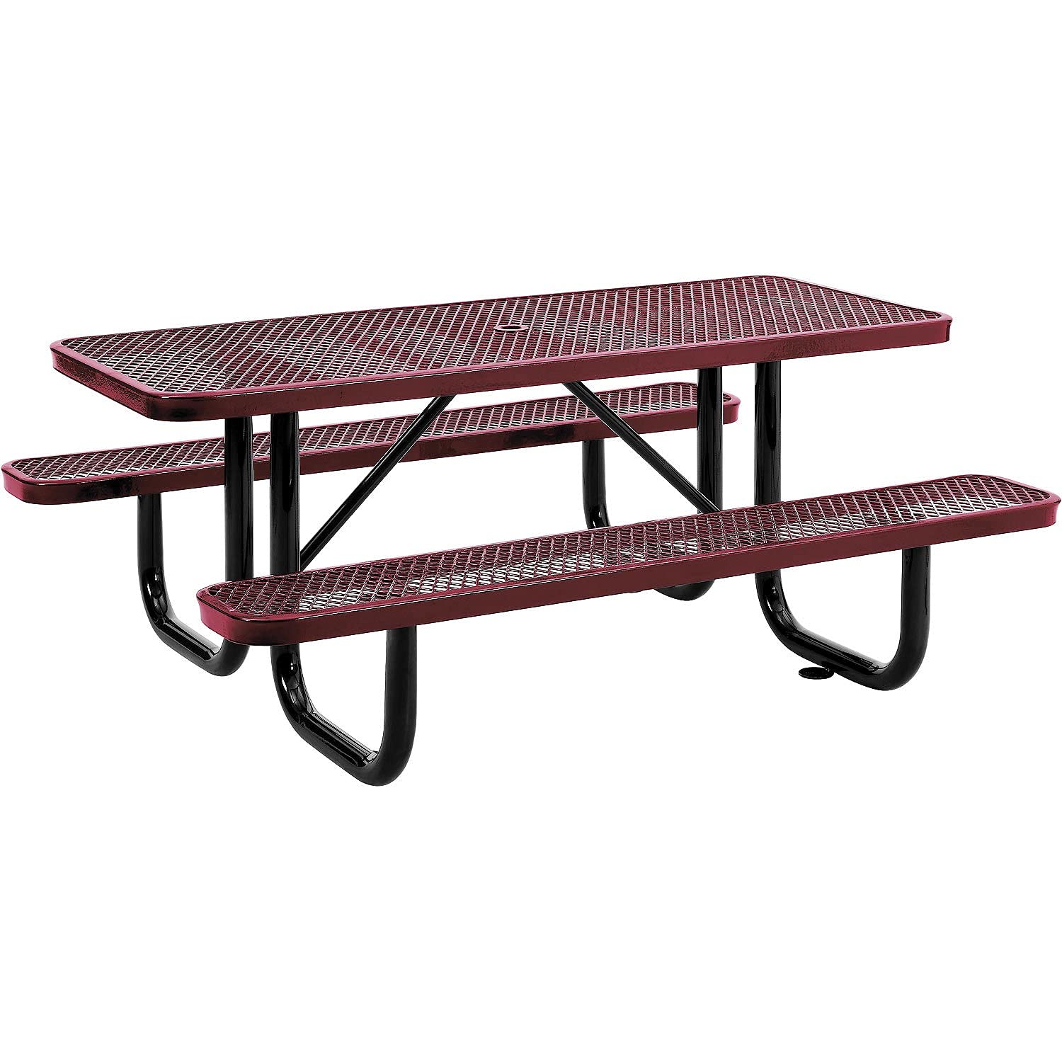 Global Industrial 6L Rectangular Picnic Table, Expanded Metal, Red Thermoplastic Coating, Attached Benches, 1-1/2    Umbrella Po