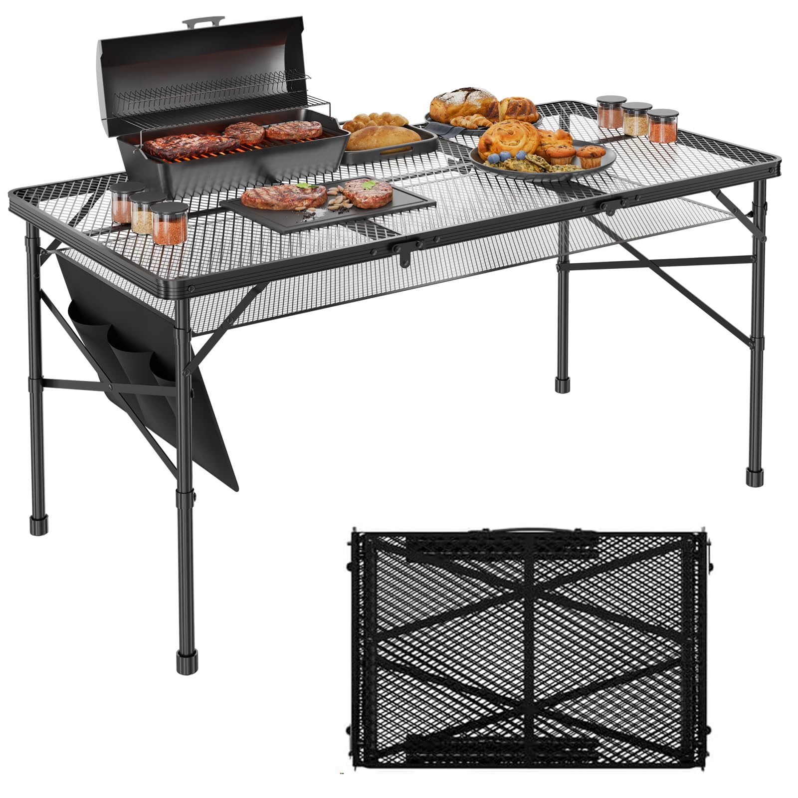 WildFinder Folding Gril Table, 4x2 FT Camping Table with Mesh Desktop,Height Adjustable Folding Grill Table with Mesh Bag,Portab