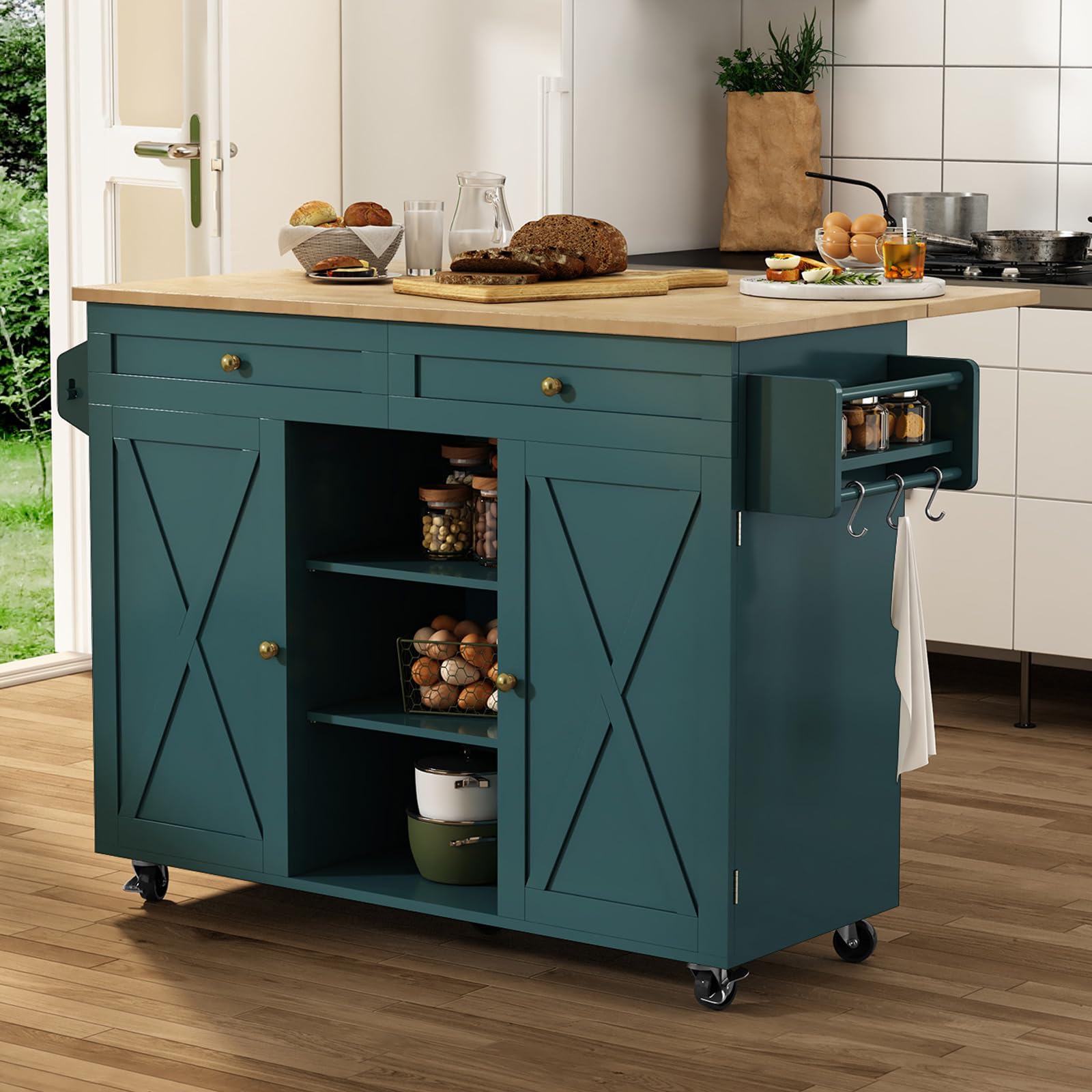 HLR Kitchen Island On Wheels, Rolling Kitchen Islands Cart with Drop Leaf Countertop, Barn Door Kitchen Island Table with Storag
